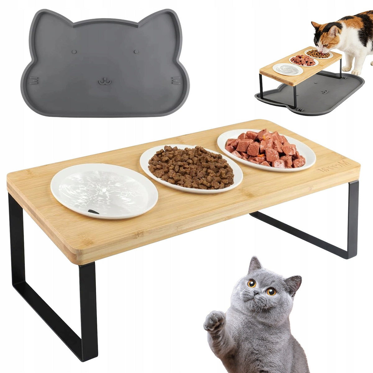 ANIMAL FEEDING STAND 15° TILT ANGLE WITH 3 BOWLS AND MAT