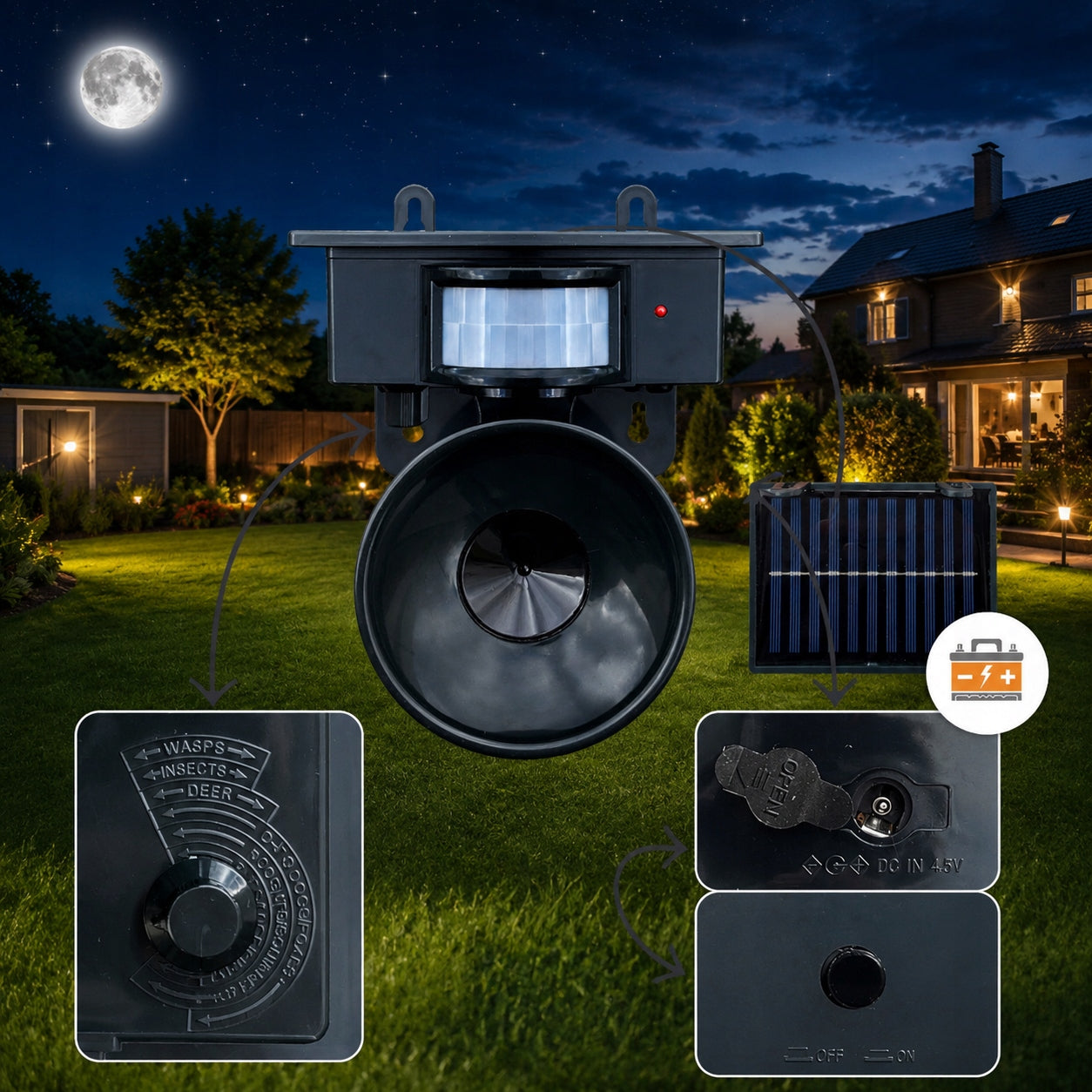 ANIMAL REPELLENT CAT BIRDS WILD MICE 10in1 + SOLAR BATTERY Manufacturer code ODSTRASZACZ ULTRADZWIĘKOWY SOLARNY