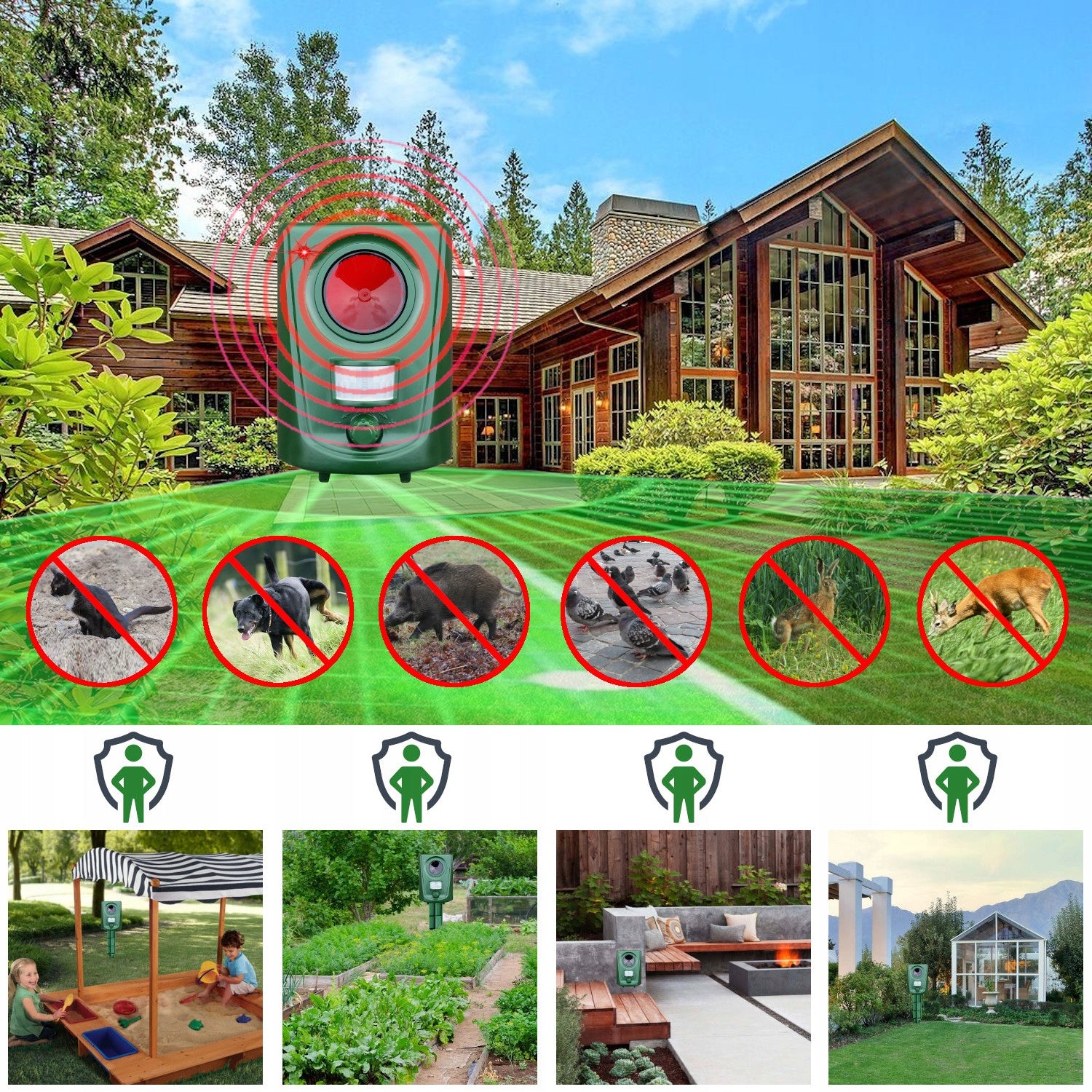 ANIMAL REPELLENT CATS WILD BOAR SAREN BIRDS ETC + MOTION Locator Manufacturer code Nowoczesny odstraszacz zwierząt z czujką 10w1