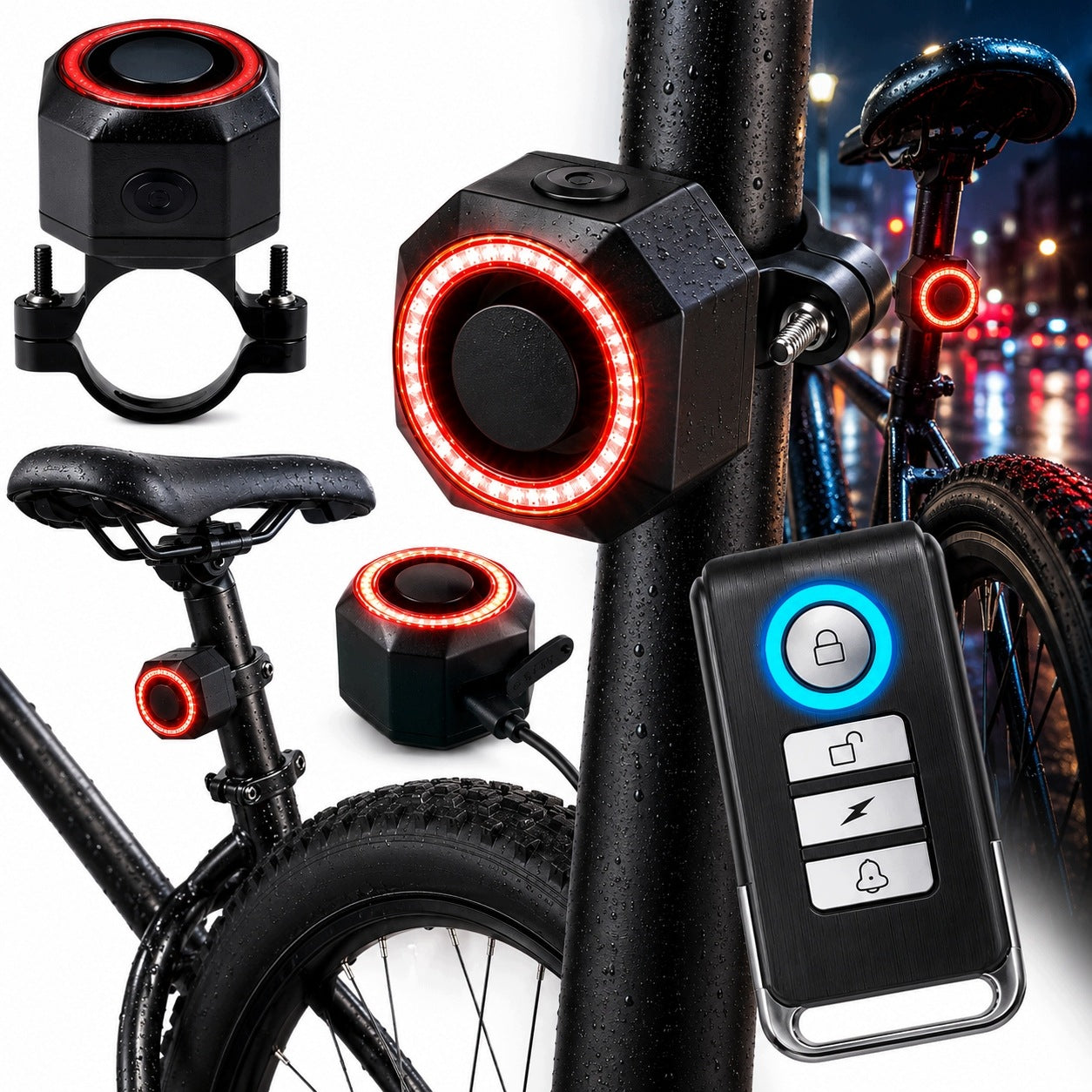 ANTI-THEFT BICYCLE ALARM + REAR LAMP BICYCLE LIGHT BELL PILOT