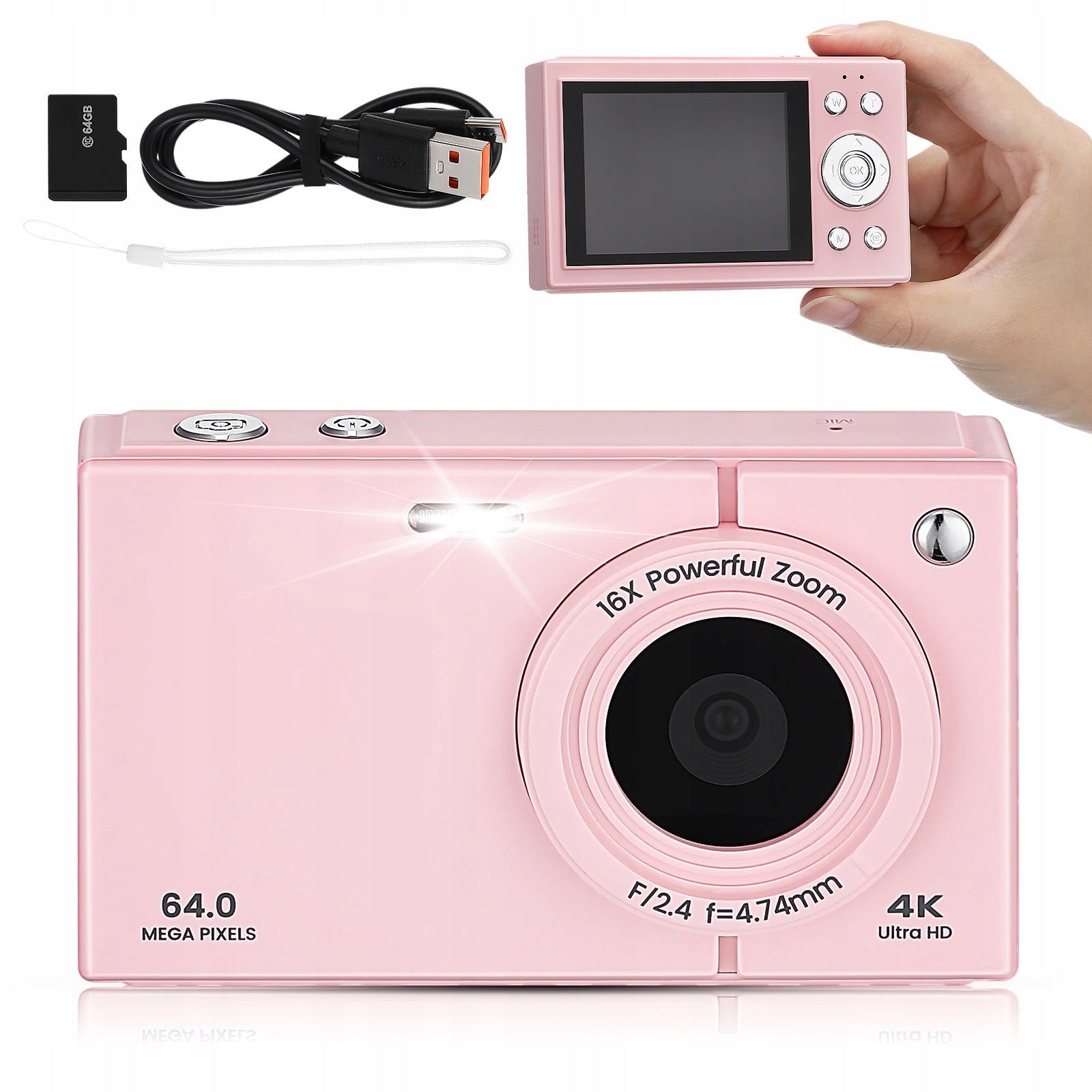 APARAT CYFROWY 4K Z EKRANEM 2.8 CALA 16X RÓŻOWY 64GB