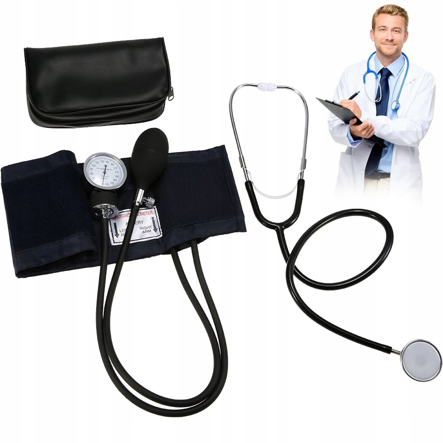 APPARATUS FOR MEASURING PRESSURE CUFF + STETHOSCOPE WITH PRESSURE GAUGE