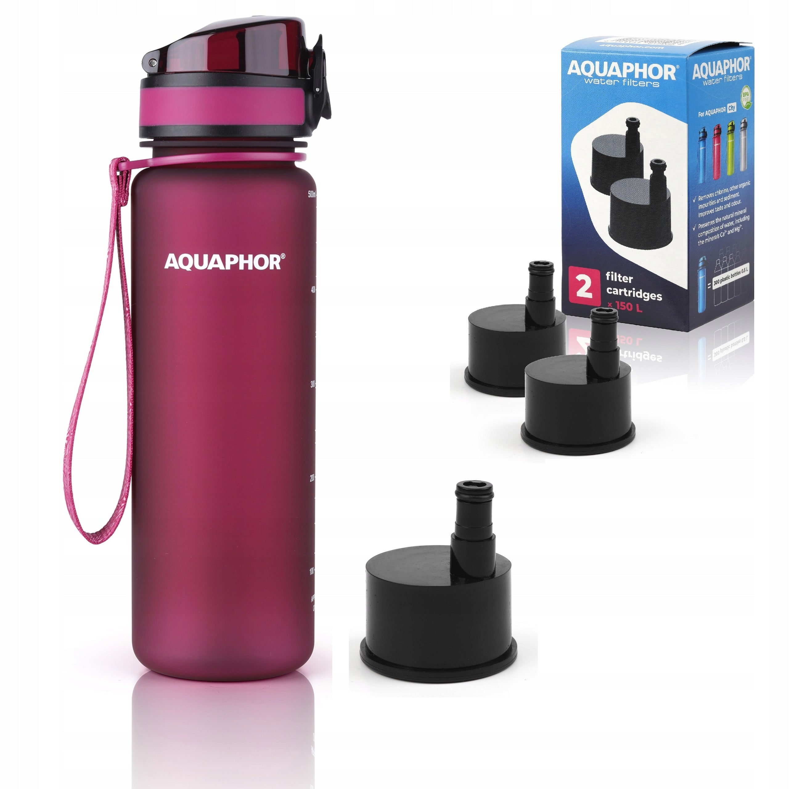 AQUAPHOR City Filter Bottle 0,5L with 3 Drinking Water Cartridges Burgundy