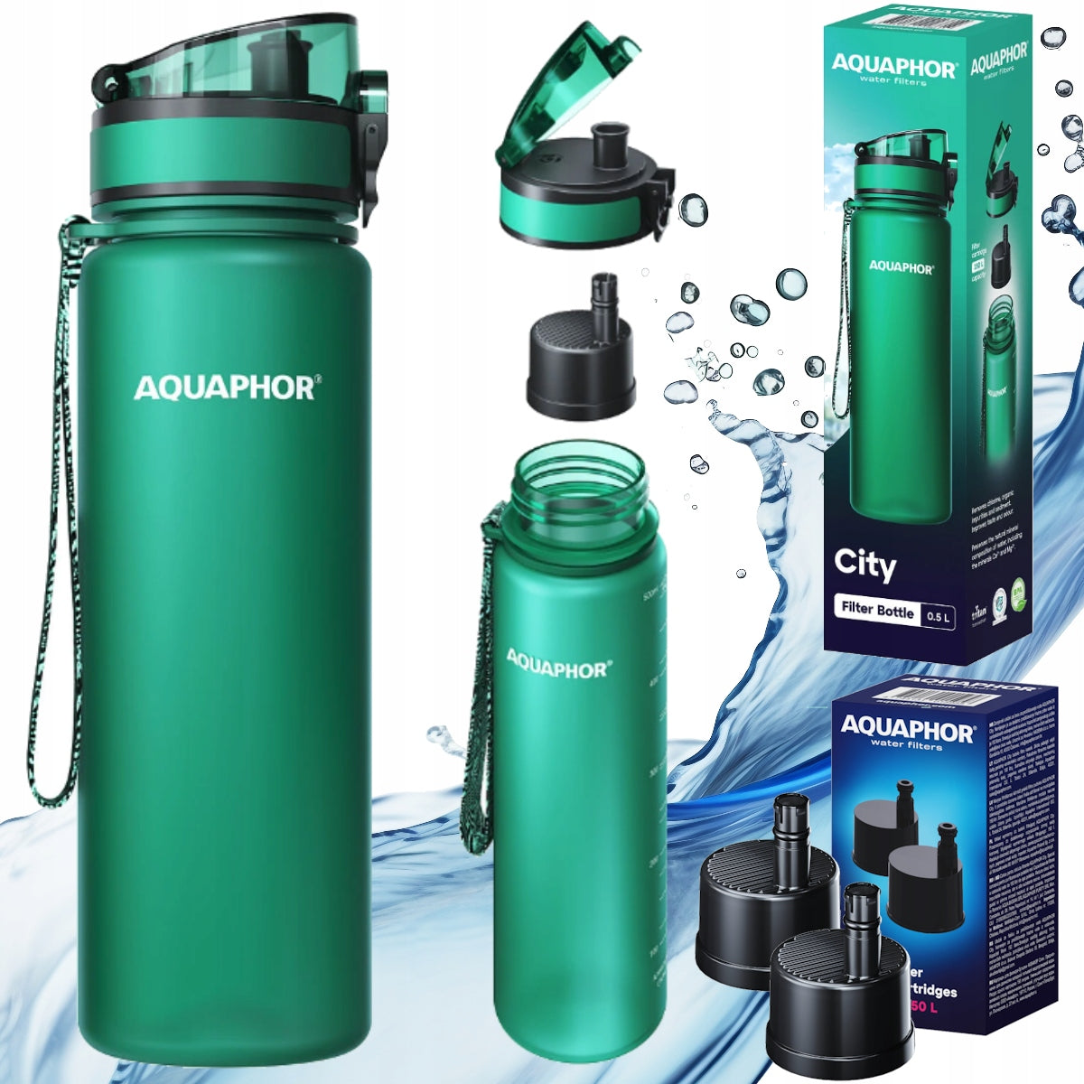 AQUAPHOR WATER BOTTLE SET DARK GREEN WATER FILTER BOTTLE 0,5L +3x FILTER
