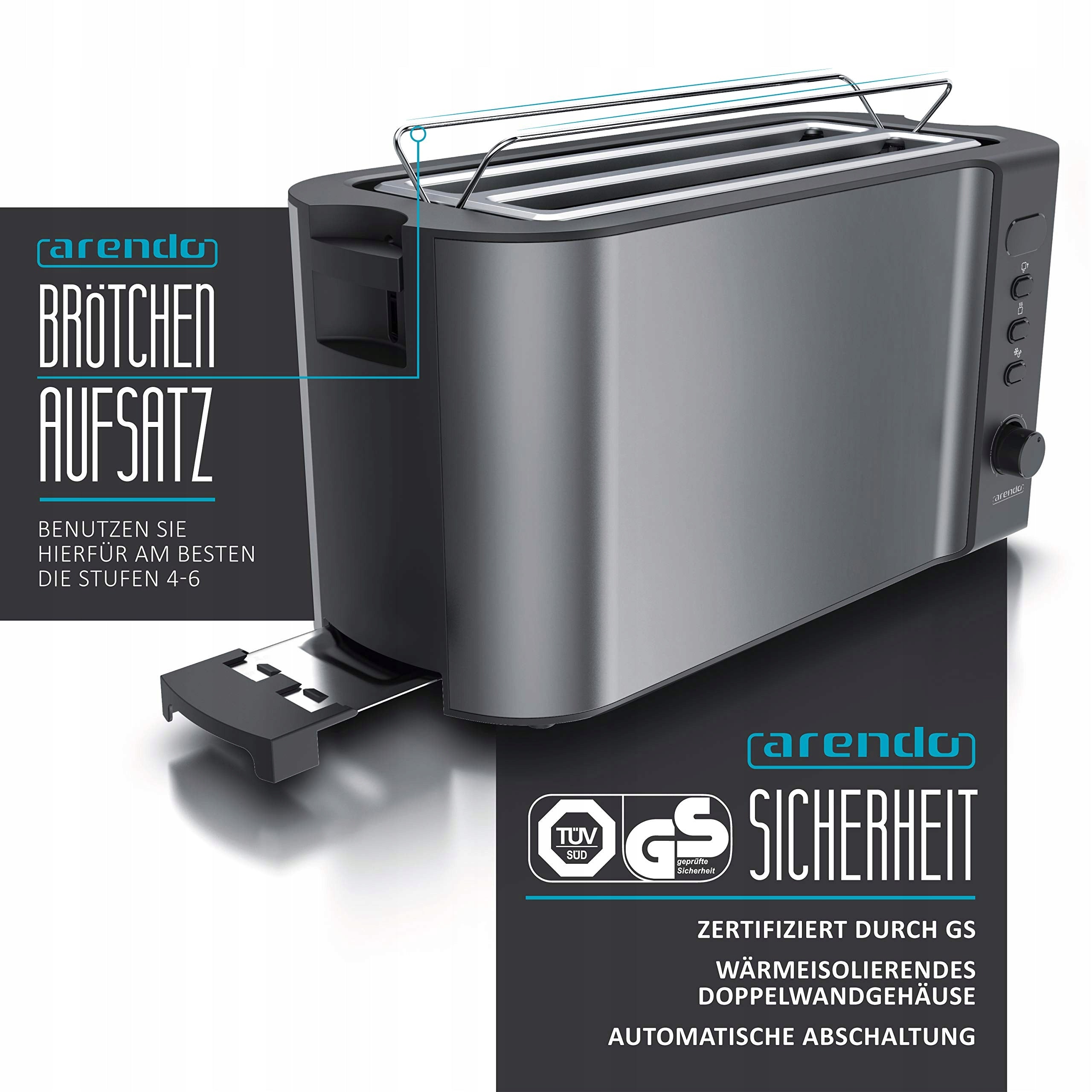ARENDO Steel Toaster 4 Slices Long Hole Defrost 1500W Grey Power rating 1500 W
