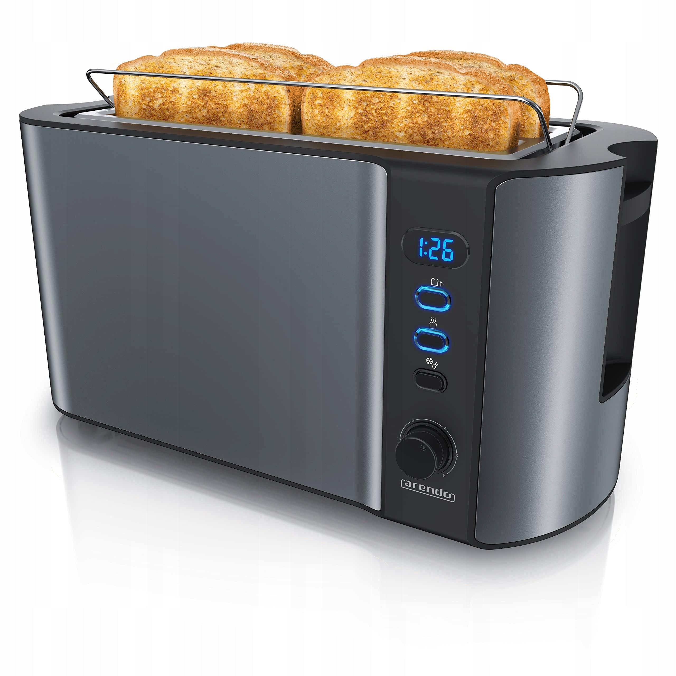 ARENDO Steel Toaster 4 Slices Long Hole Defrost 1500W Grey