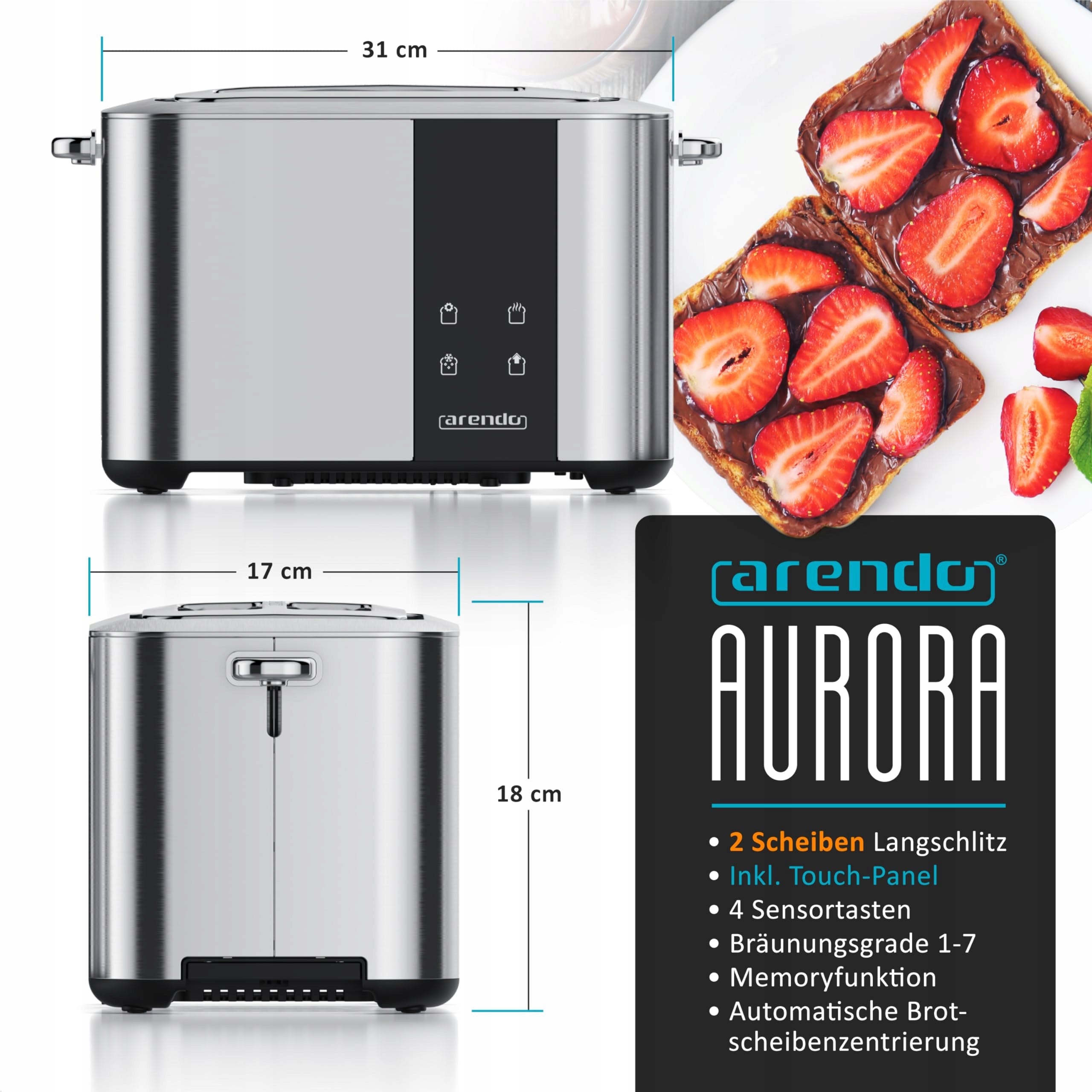 ARENDO Steel Toaster Long Slot 2 Slices Touch Screen Silver Power rating 850 W