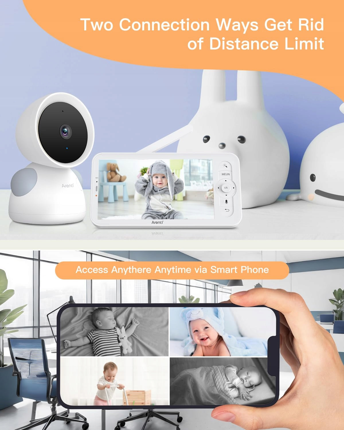 ARENTI Baby Monitor 2 Cameras 2K 5 Inch WiFi PTZ 355 Degree Alexa Brand Arenti