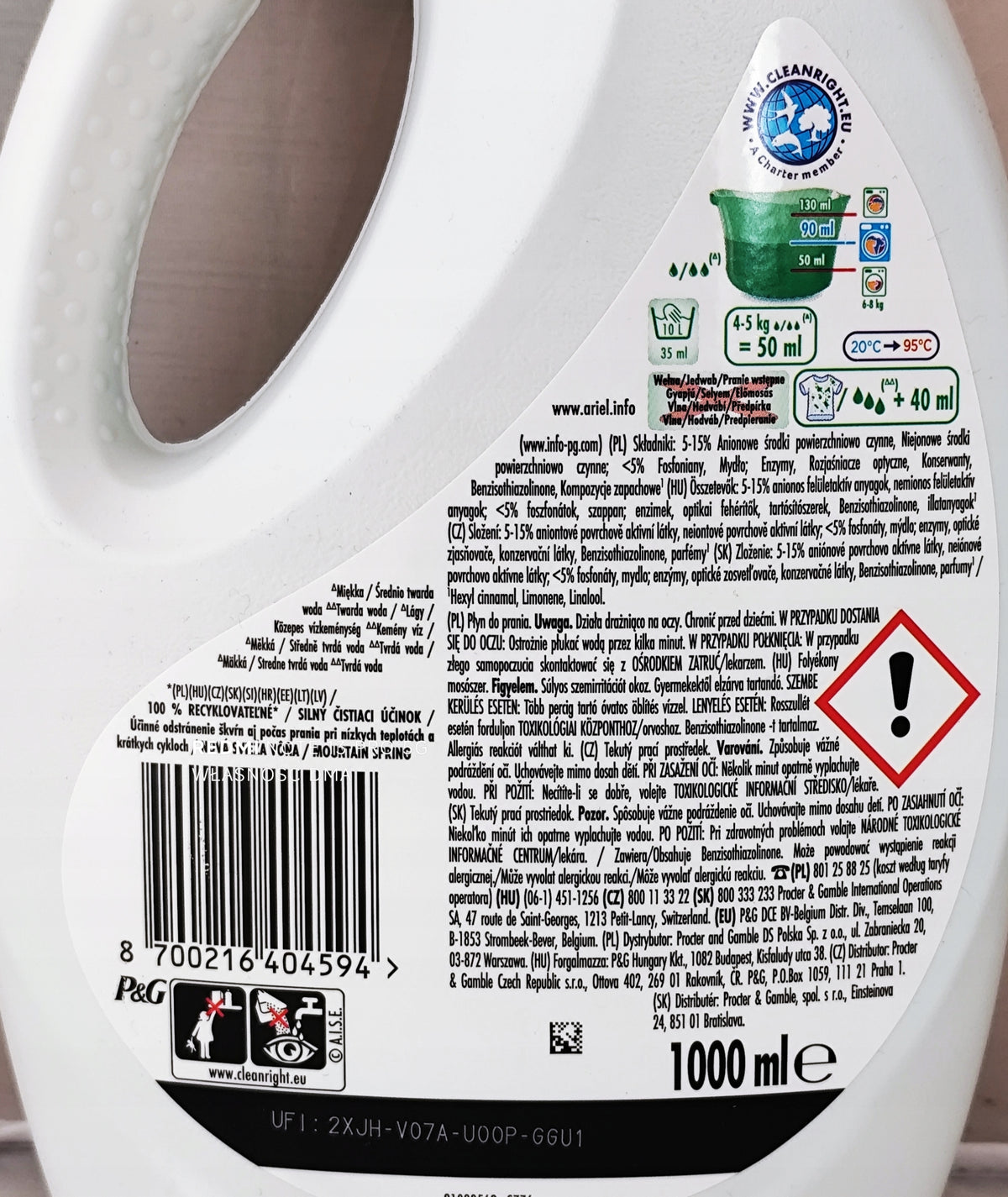 ARIEL Gel 1L Universal Mountain Spring Laundry Detergent Gel 20 Washes Manufacturer code 275037