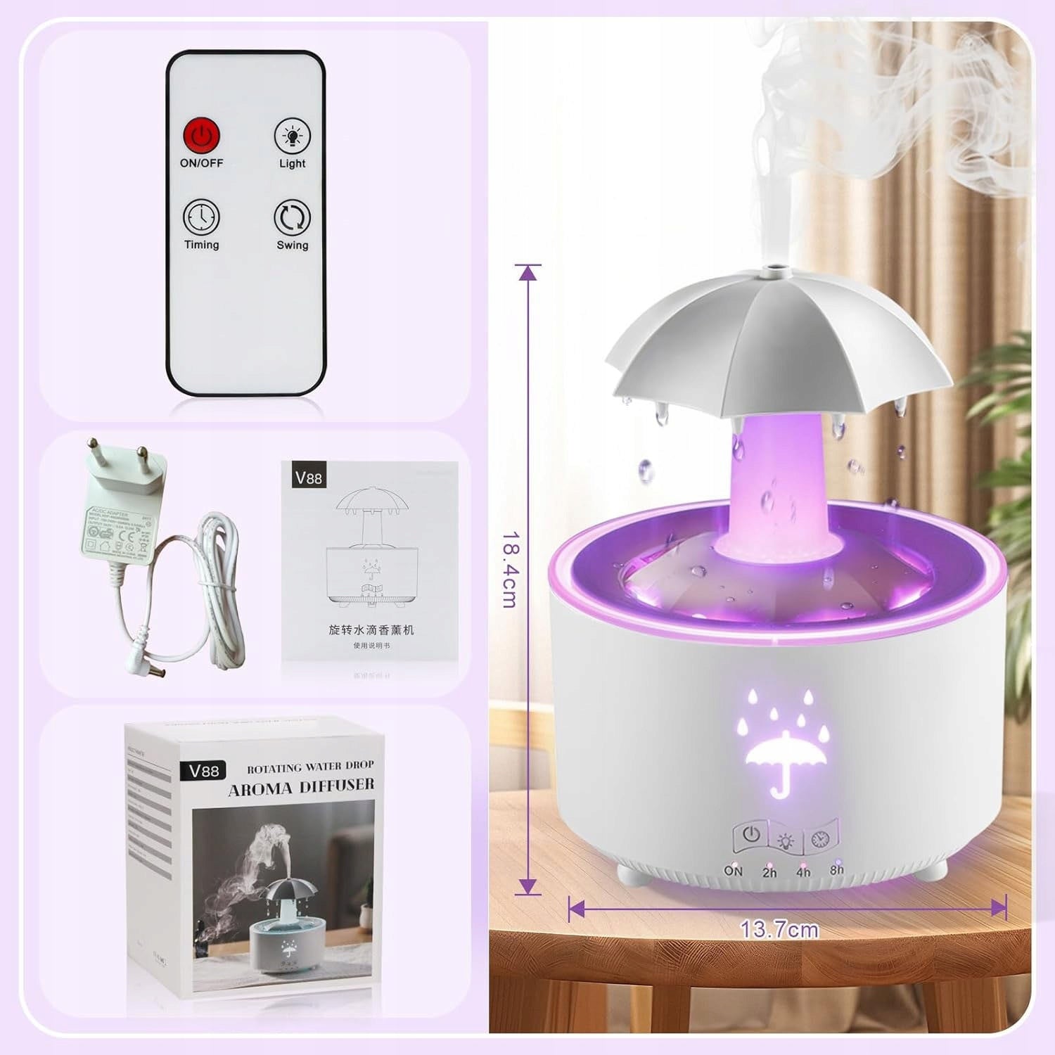 AROMATHERAPY DIFFUSER, RAIN SOUNDS FOR FALLING ASLEEP 300 ML HUMIDIFIER Product weight with unit packaging 0.55 kg