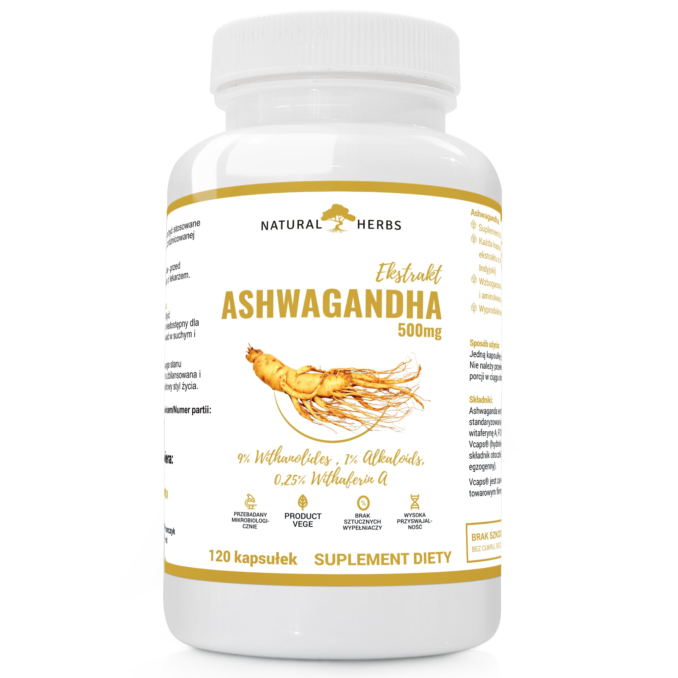 ASHWAGANDHA Extract 9% WITANOLIDE Ginseng Natural Herbs 500mg 120 kaps.