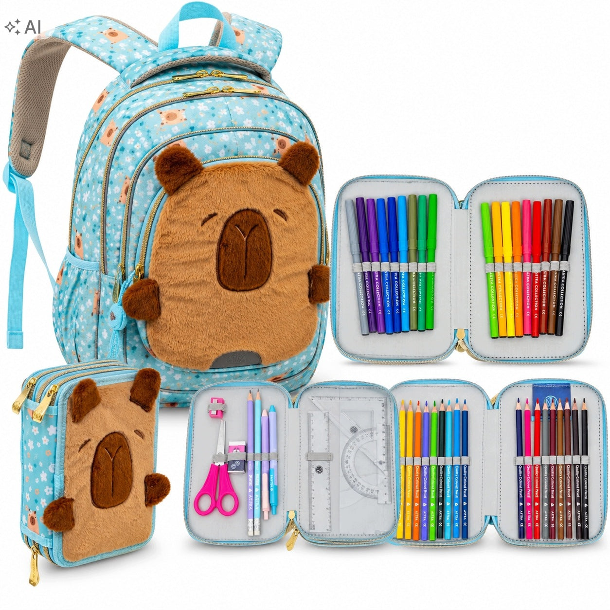 ASTRA SCHOOL BACKPACK FOR GIRLS FLUFFY CAPYBARA+PENCIL WITH EQUIPMENT