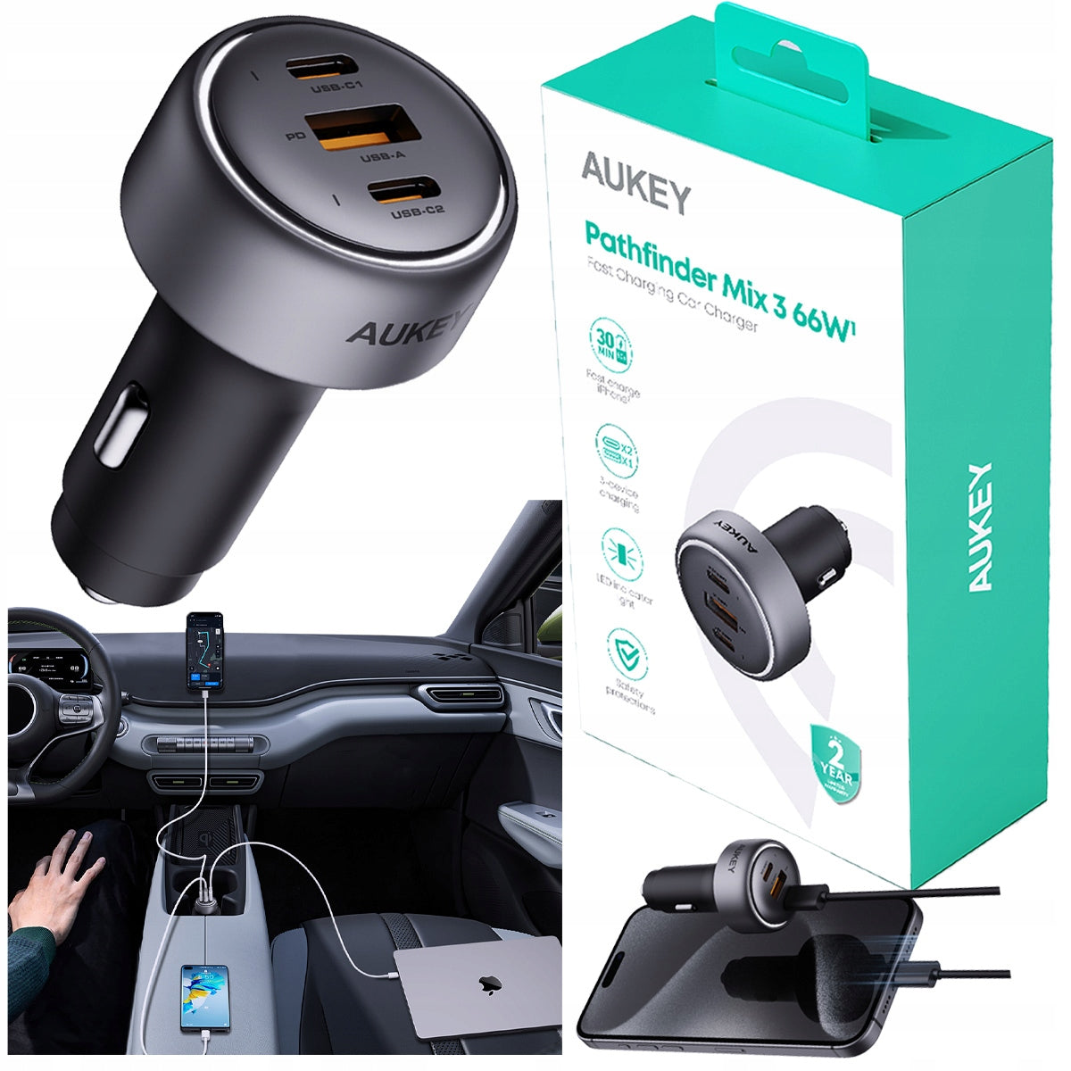 AUKEY Car charger 66W 2x usb-c 1x usb-a for cigarette lighter socket Packaging status original
