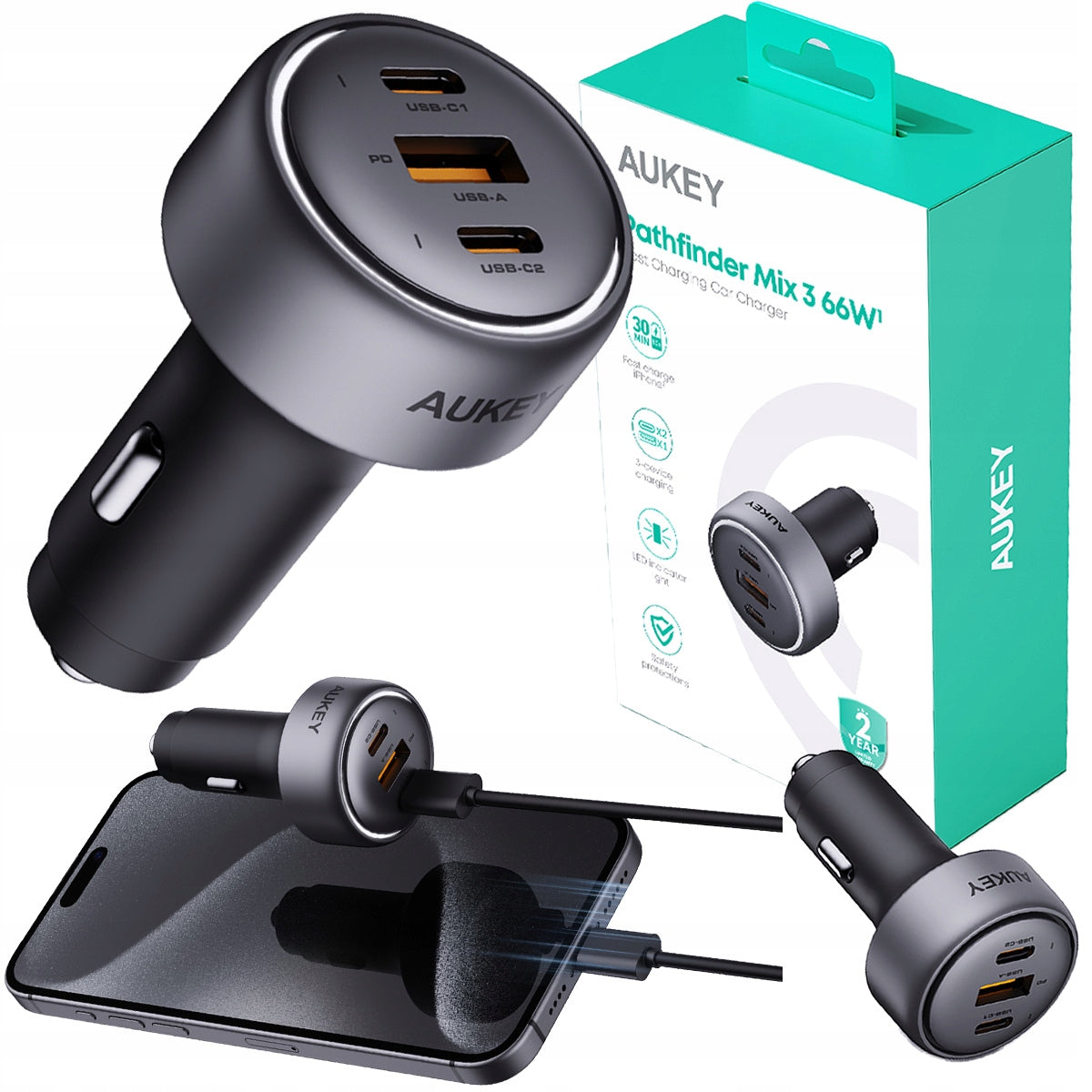 AUKEY Car charger 66W 2x usb-c 1x usb-a for cigarette lighter socket