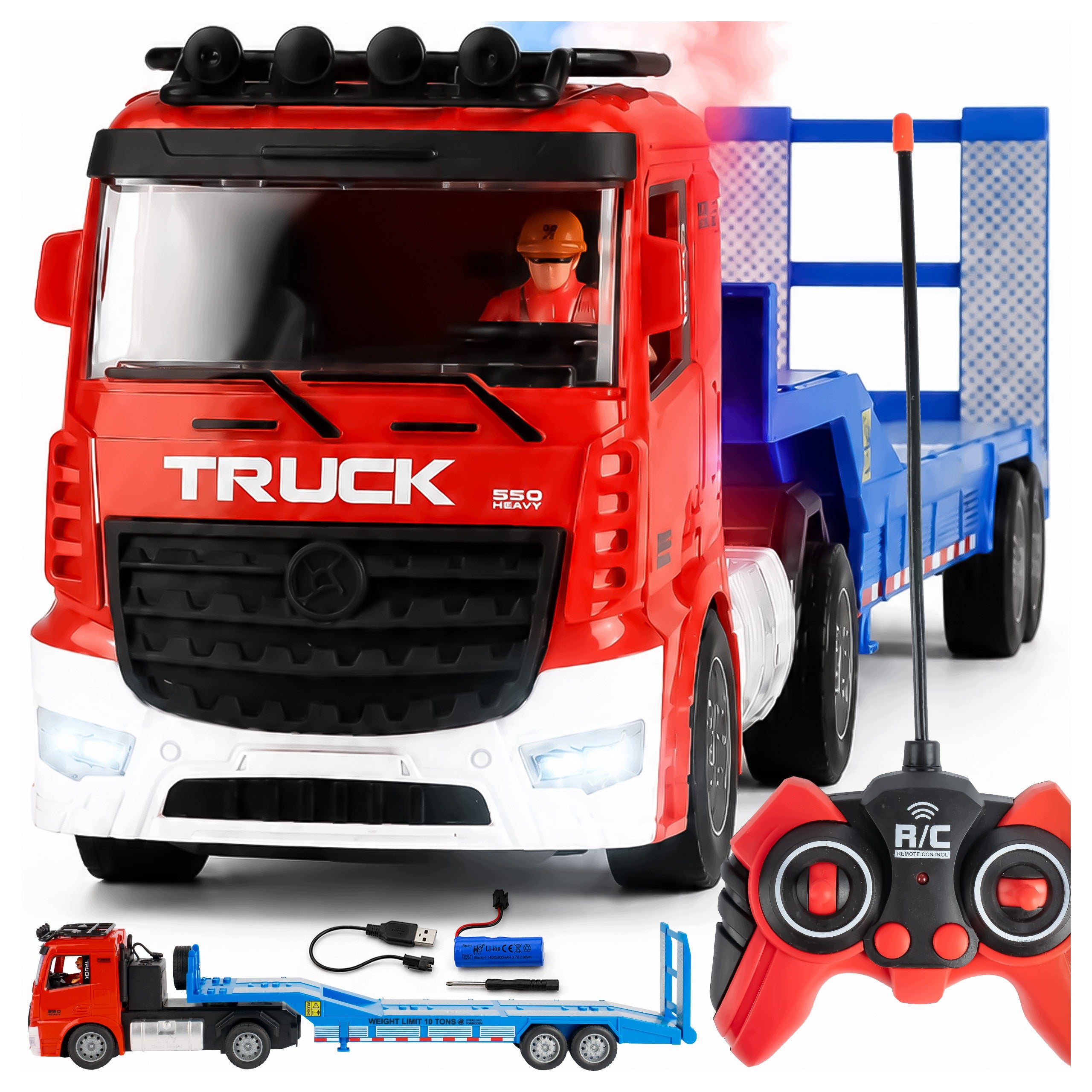 AUTO TOW TRUCK RC TIR REMOTE CONTROLLED WITH SEMI-TRAILER SMOKE LIGHT SOUNDS USB 1:20