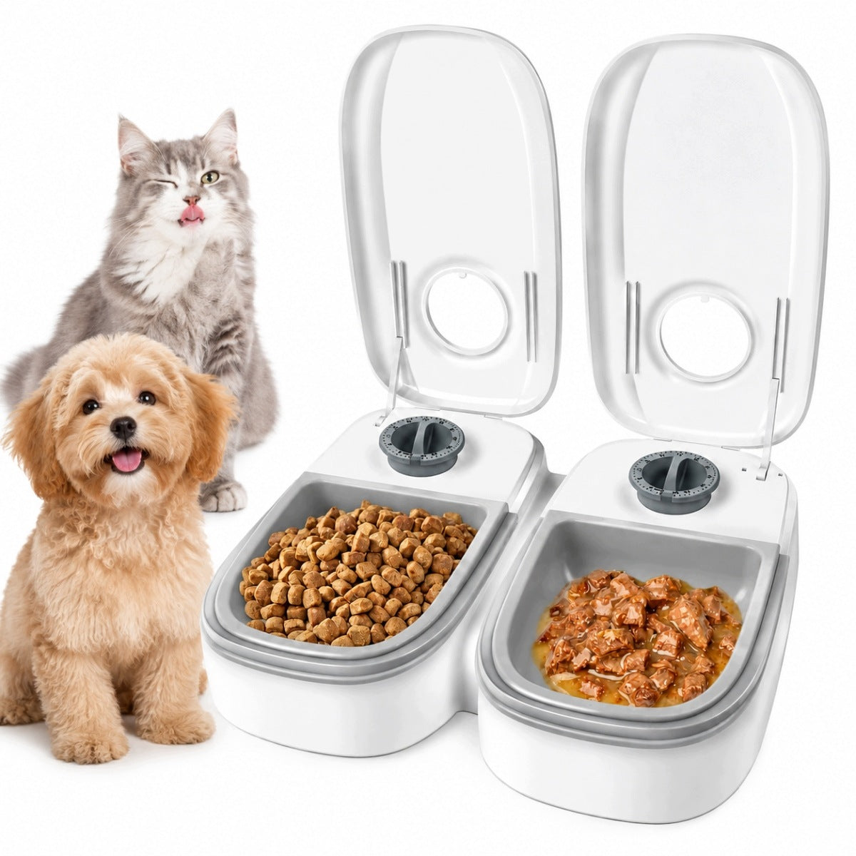 AUTOMATIC CAT DOG FOOD DISPENSER TIMER LARGE DOUBLE BOWL