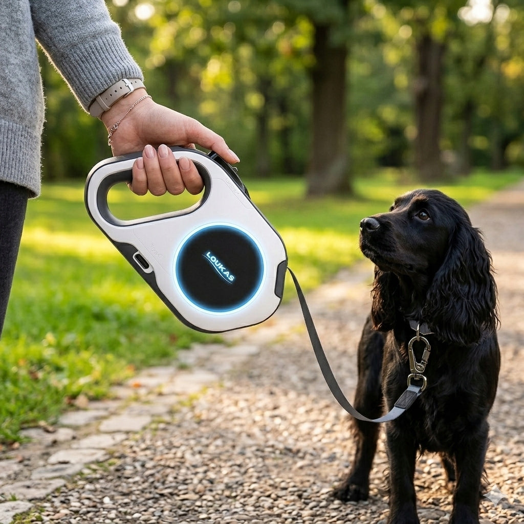 AUTOMATIC DOG LEASH 5M TO 30KG WITH FLASHLIGHT LOCK ILLUMINATED WHITE Packaging status original