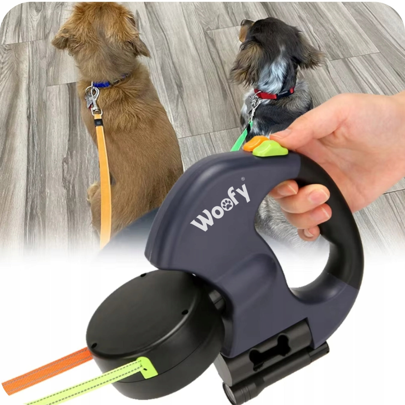 AUTOMATIC DOUBLE LEASH FOR TWO DOGS WITH FLASHLIGHT REFLECTIVE TAPE 3M Brand Woofy