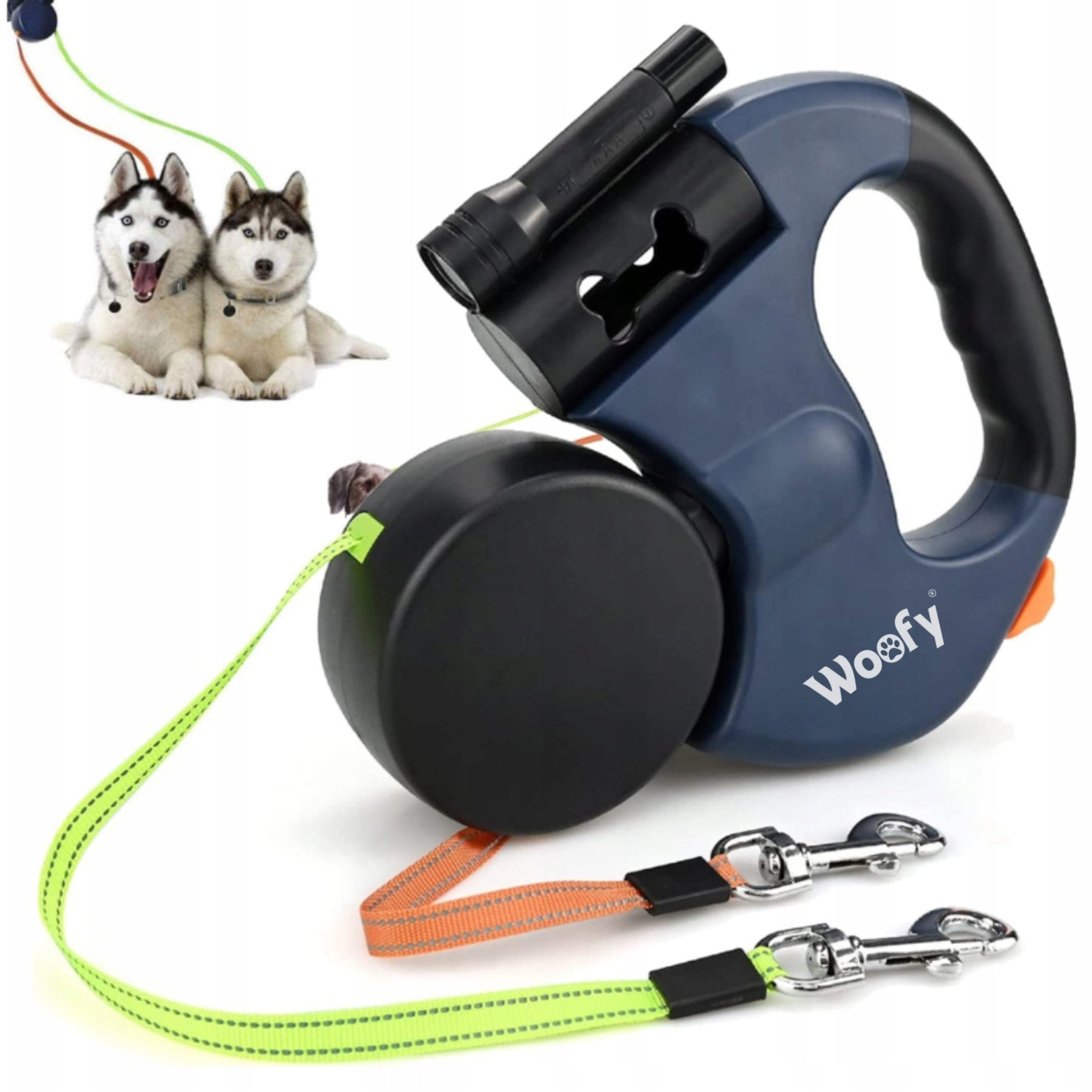 AUTOMATIC DOUBLE LEASH FOR TWO DOGS WITH FLASHLIGHT REFLECTIVE TAPE 3M Kind for two dogs