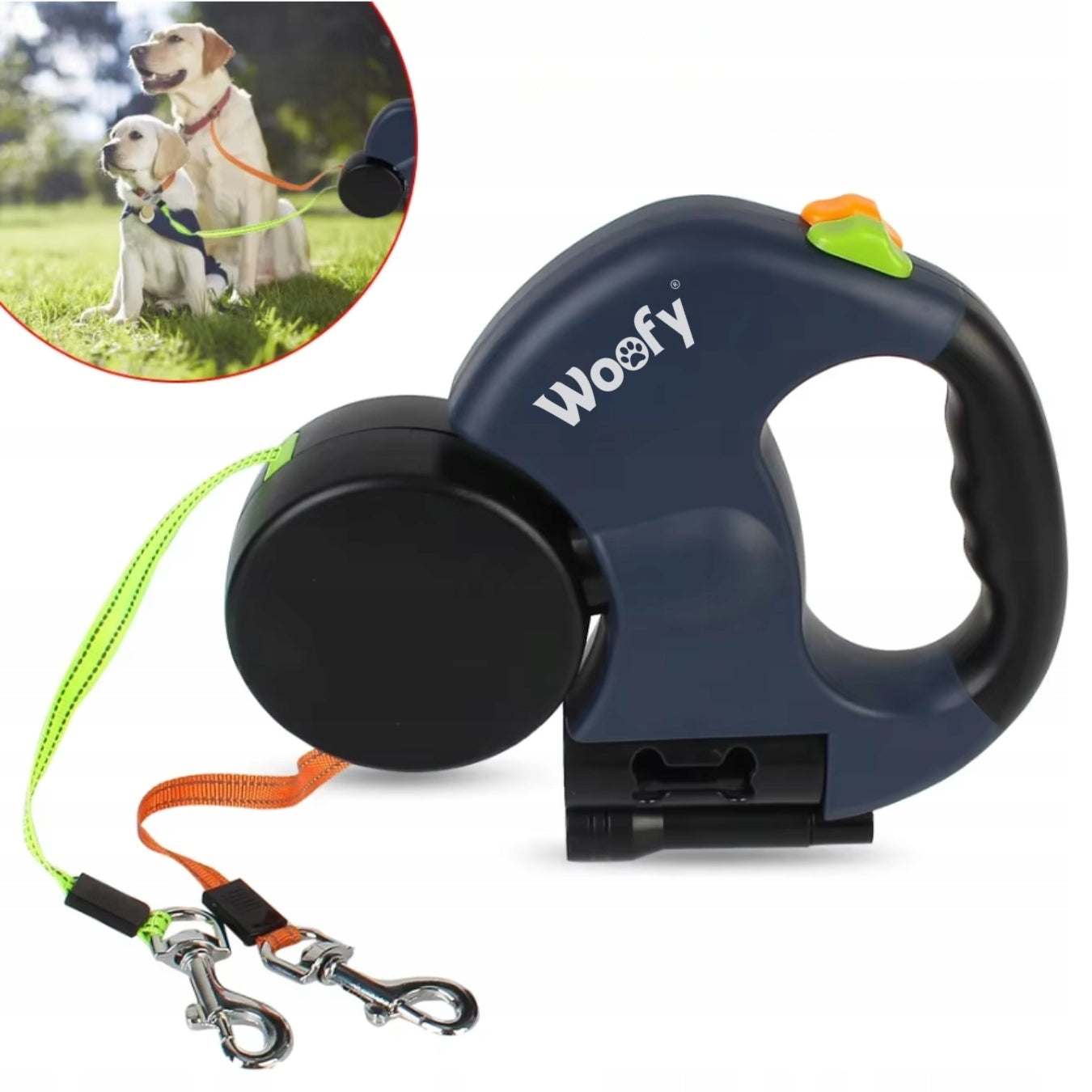 AUTOMATIC DOUBLE LEASH FOR TWO DOGS WITH FLASHLIGHT REFLECTIVE TAPE 3M Manufacturer code E0111