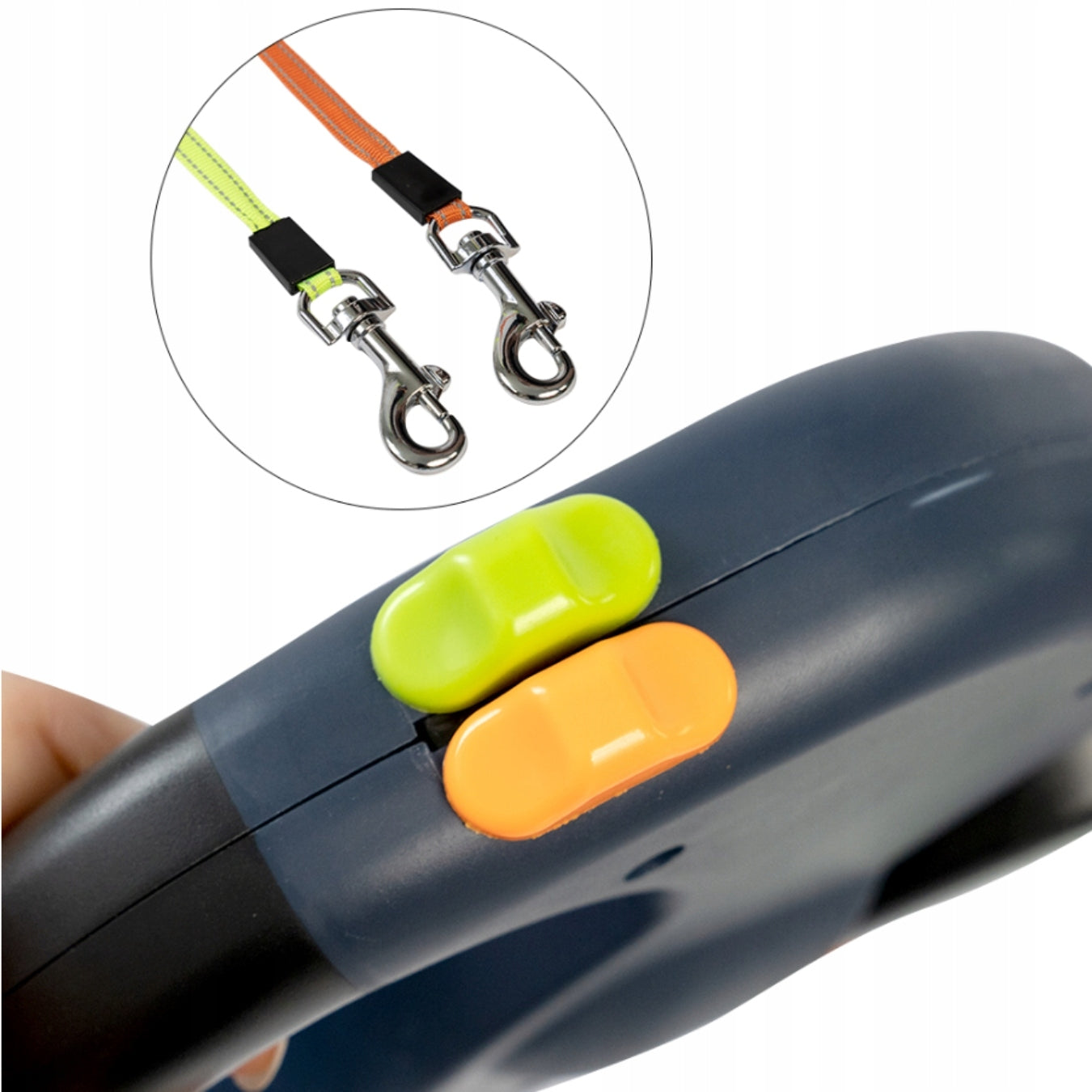 AUTOMATIC DOUBLE LEASH FOR TWO DOGS WITH FLASHLIGHT REFLECTIVE TAPE 3M Trade name SMYCZ AUTOMATYCZNA PODWÓJNA DLA DWÓCH PSÓW Z LATARKĄ ODBLASKOWA TAŚMA 3M