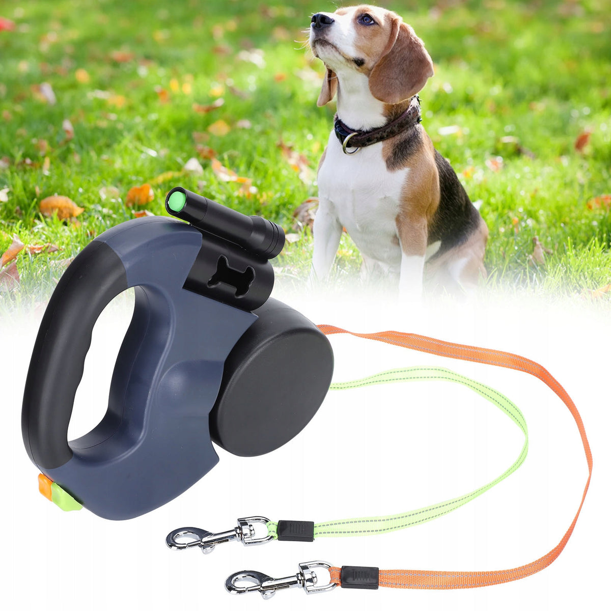 AUTOMATIC DOUBLE LEASH FOR TWO DOGS WITH FLASHLIGHT REFLECTIVE TAPE Manufacturer code 2110210005811