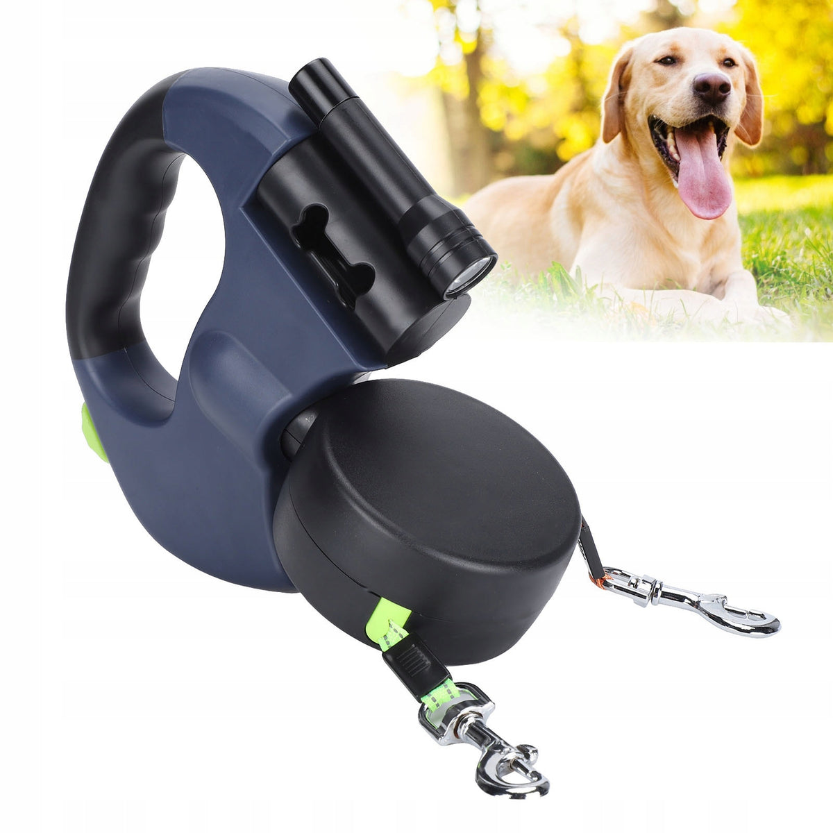 AUTOMATIC DOUBLE LEASH FOR TWO DOGS WITH FLASHLIGHT REFLECTIVE TAPE