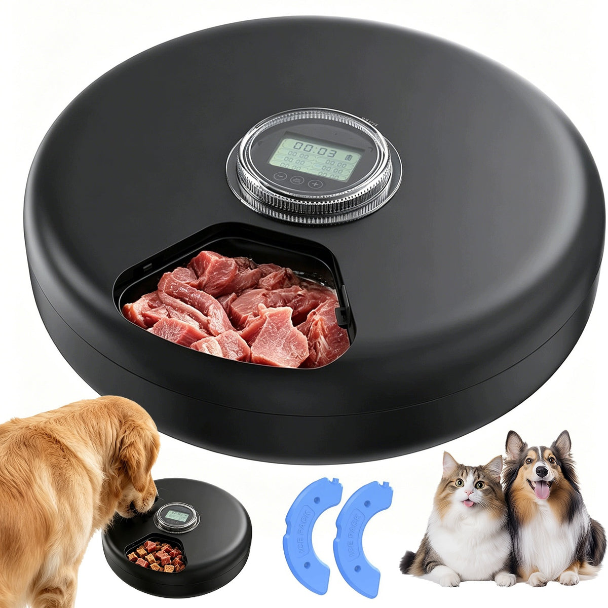 AUTOMATIC FEEDER WET FOOD DISPENSER LCD FOR DOG 6 SERVINGS COOLING