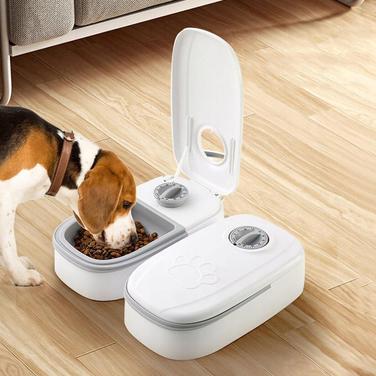 AUTOMATIC FOOD DISPENSER FOR CATS AND DOGS 2 MEALS WITH AN HOUR TIMER Color white
