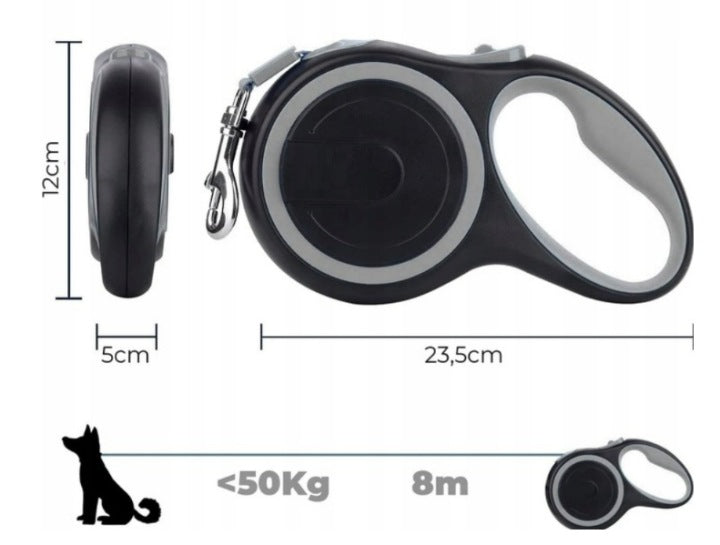 AUTOMATIC LEASH FOR DOG TAPE WITH REFLECTIVE LOCK STRONG ROLLED 50KG 8M Maximum leash length 8 m