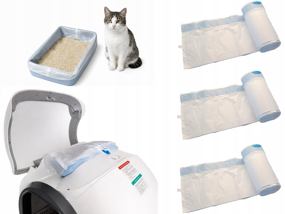 AUTOMATIC LITTER BOX BAGS 45 pieces (3 rolls) STRONG LARGE 60x40cm WITH TAPE