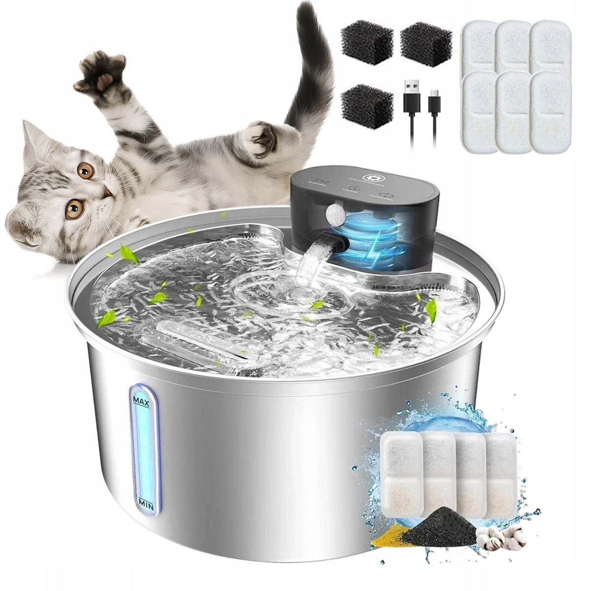 AUTOMATIC PET DRINKER STEEL 304 5000MAH 2 SPONGES USB CABLE