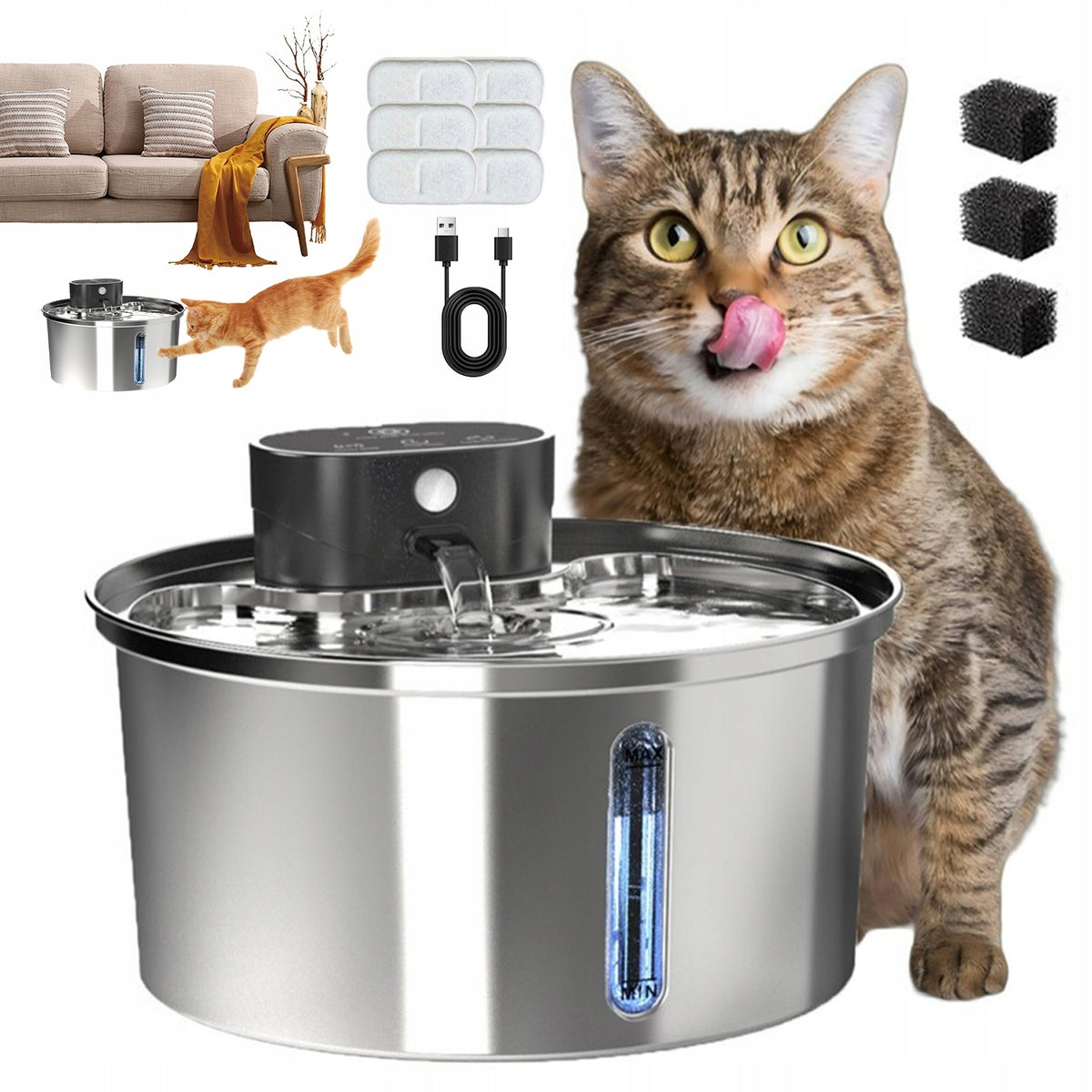 AUTOMATIC PET WATER FOUNTAIN 3,2L STAINLESS STEEL USB 5000MAH