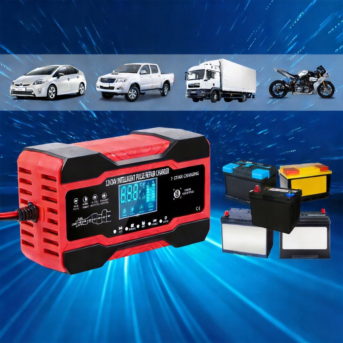 AUTOMATIC SMART RECTIFIER BATTERY CHARGER LCD 12V/24V 10A Packaging status original
