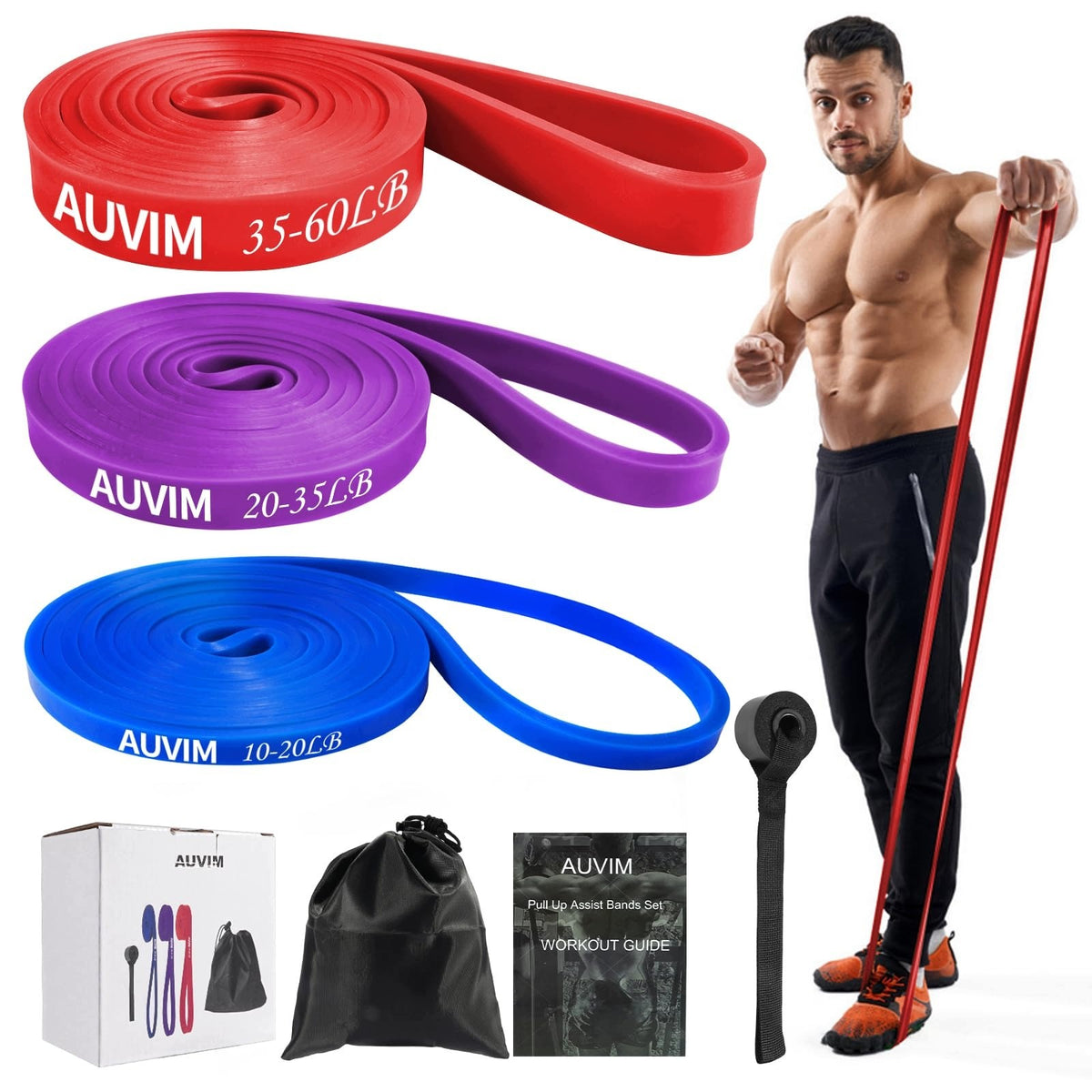 AUVIM RESISTANCE BAND SET 3 DIFFERENT LEVELS OF RESISTANCE BANDS FOR TRAINING