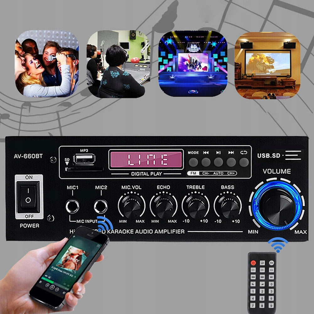 AV-660BT Receiver 3000W Bluetooth 5.0 USB SD FM MP3 230V/12V with Remote Control Brand Bedee