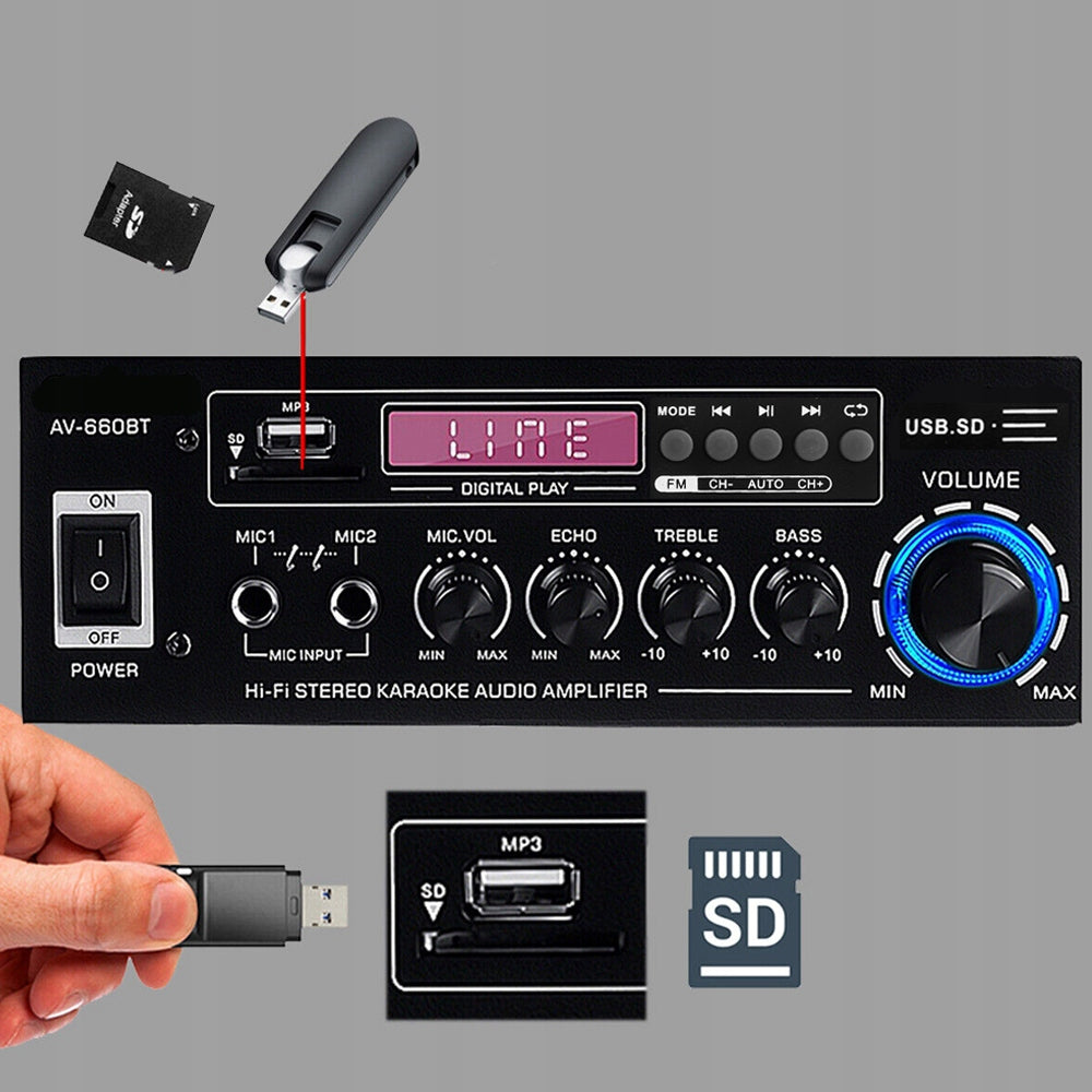 AV-660BT Receiver 3000W Bluetooth 5.0 USB SD FM MP3 230V/12V with Remote Control Model RADIO MP3 KARAOKE 2.0