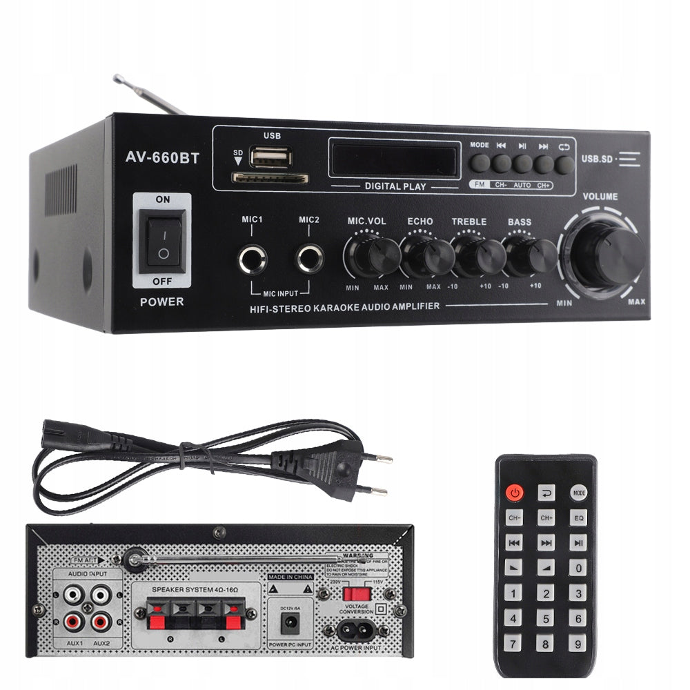 AV-660BT Receiver 3000W Bluetooth 5.0 USB SD FM MP3 230V/12V with Remote Control