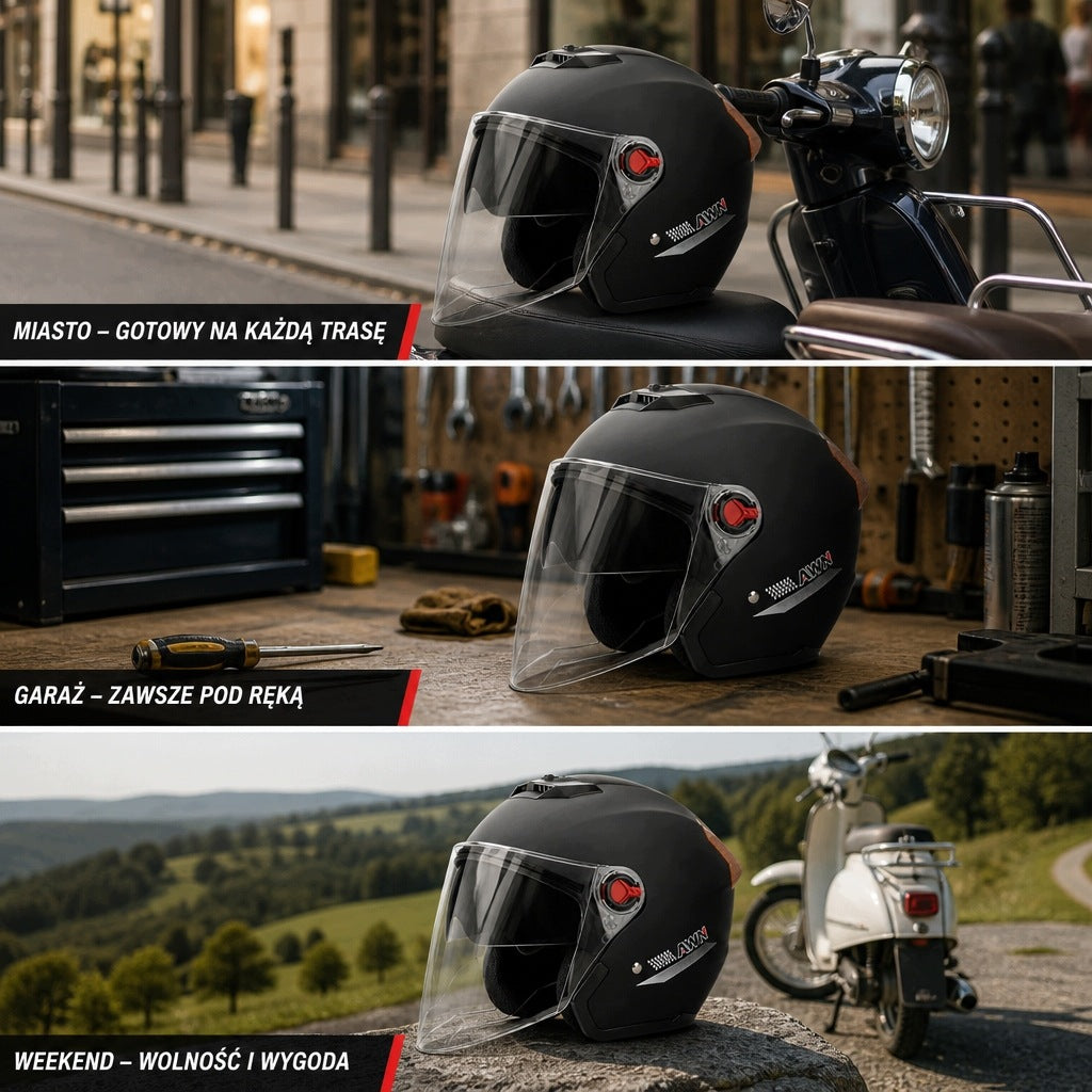 AWN helmet jet open black matte reflectors visor inner UV glass Size XS/S