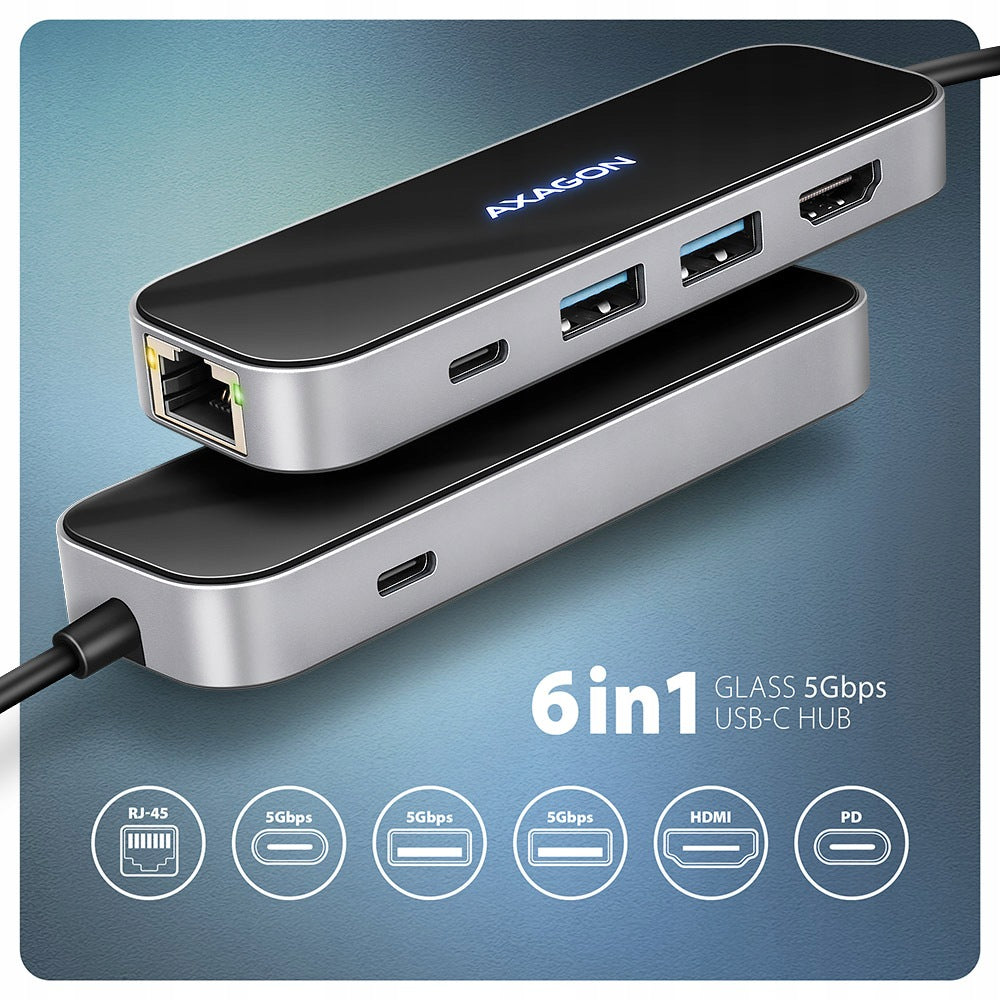 AXAGON 6in1 Hub USB-C 5Gbps Power Delivery, Elegant Glass Manufacturer Axagon