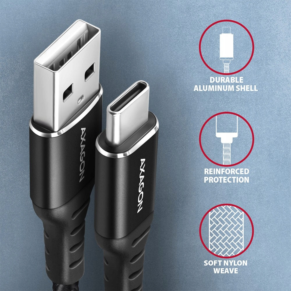 AXAGON BUCM-AM10AB USB-C Cable - USB-A, 1.0m USB 2.0, 3A, ALU, Braid Black Brand Axagon