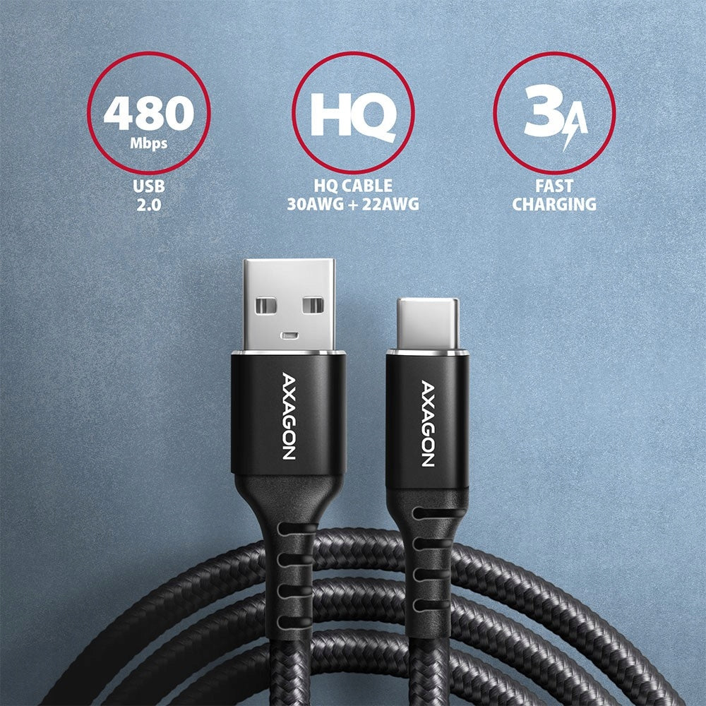 AXAGON BUCM-AM10AB USB-C Cable - USB-A, 1.0m USB 2.0, 3A, ALU, Braid Black Manufacturer code BUCM-AM10AB