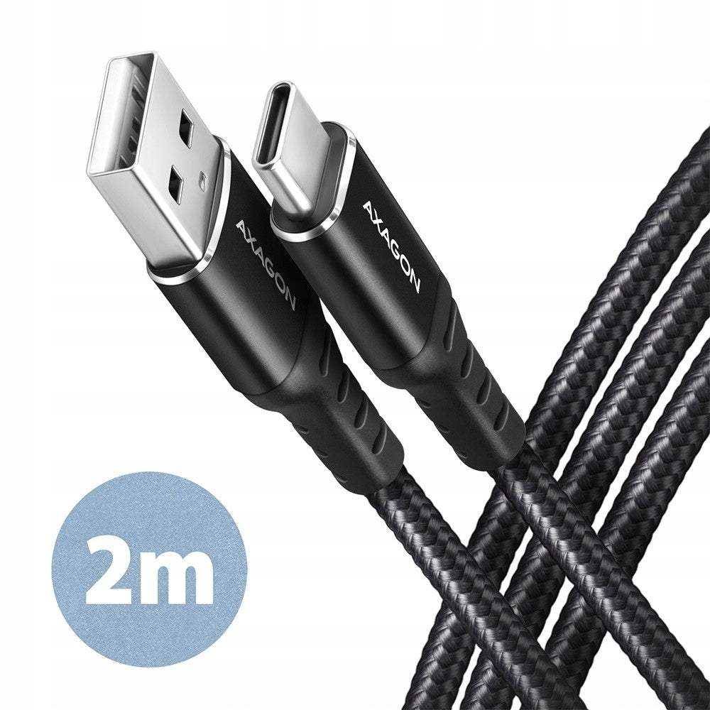 AXAGON BUCM-AM20AB USB-C Cable - USB-A, 2m, USB 2.0, 3A, ALU, Braid, Black