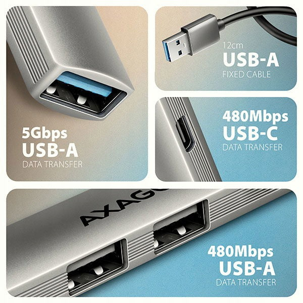 AXAGON HUE-STA, 4x USB ALU STRIP hub, 1x USB-A 5Gbps, 2x USB-A & 1x USB-C