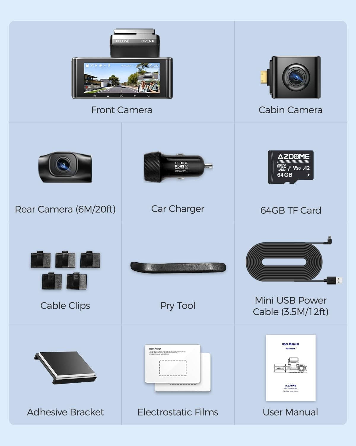 AZDOME Car Camera 4K 1080P 2.5K Front Rear Interior WiFi GPS 64GB SD Brand Azdome