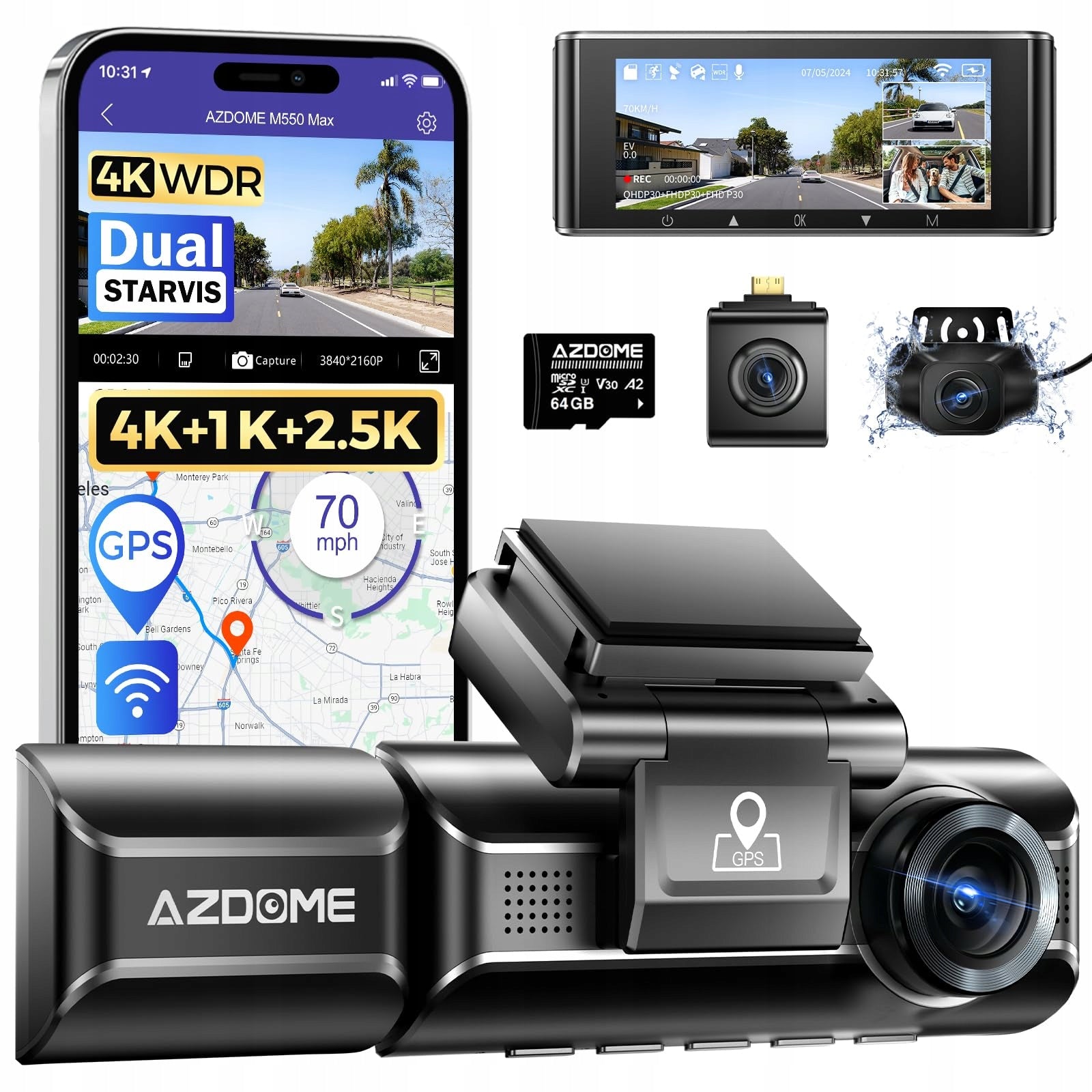 AZDOME Car Camera 4K 1080P 2.5K Front Rear Interior WiFi GPS 64GB SD