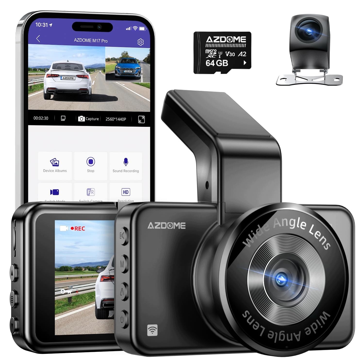 AZDOME M17 Car Camera 3K 2K 1080P WiFi 3" IPS 64GB Night WDR 64GB