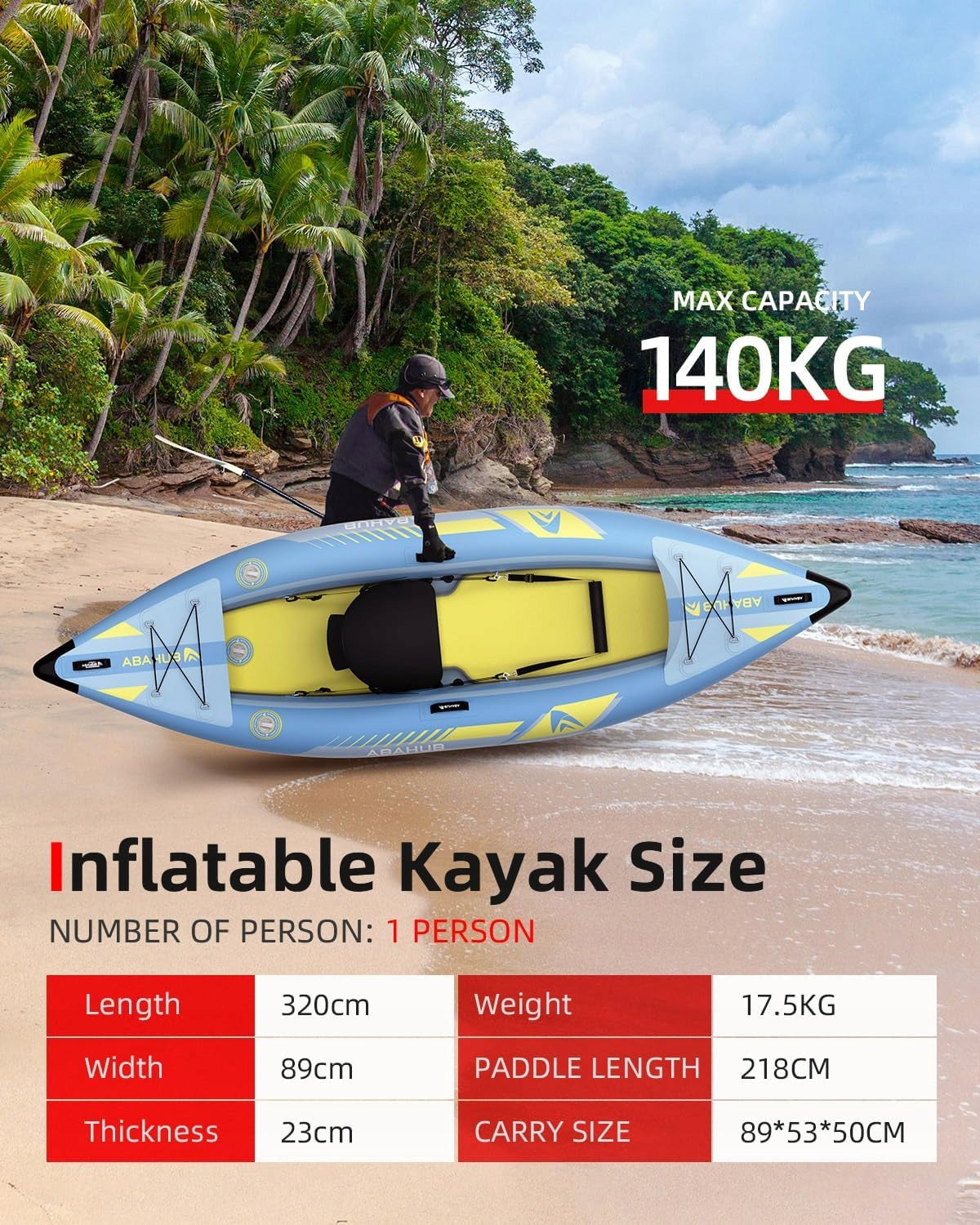 Abahub 320 cm, inflatable kayak for 1 person with paddle and seat Brand Abahub