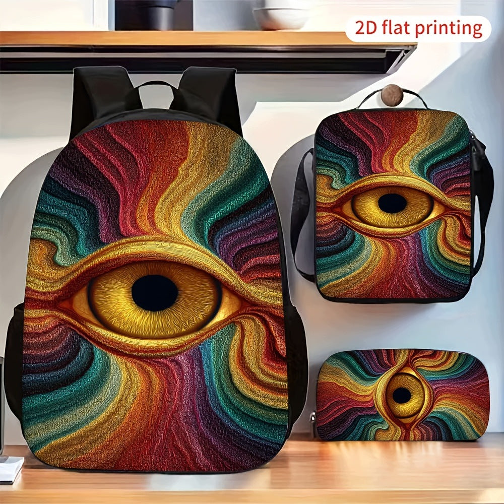 Abstract Art Eye Pattern Backpack Set with Crossbody Bag and Storage Pouch