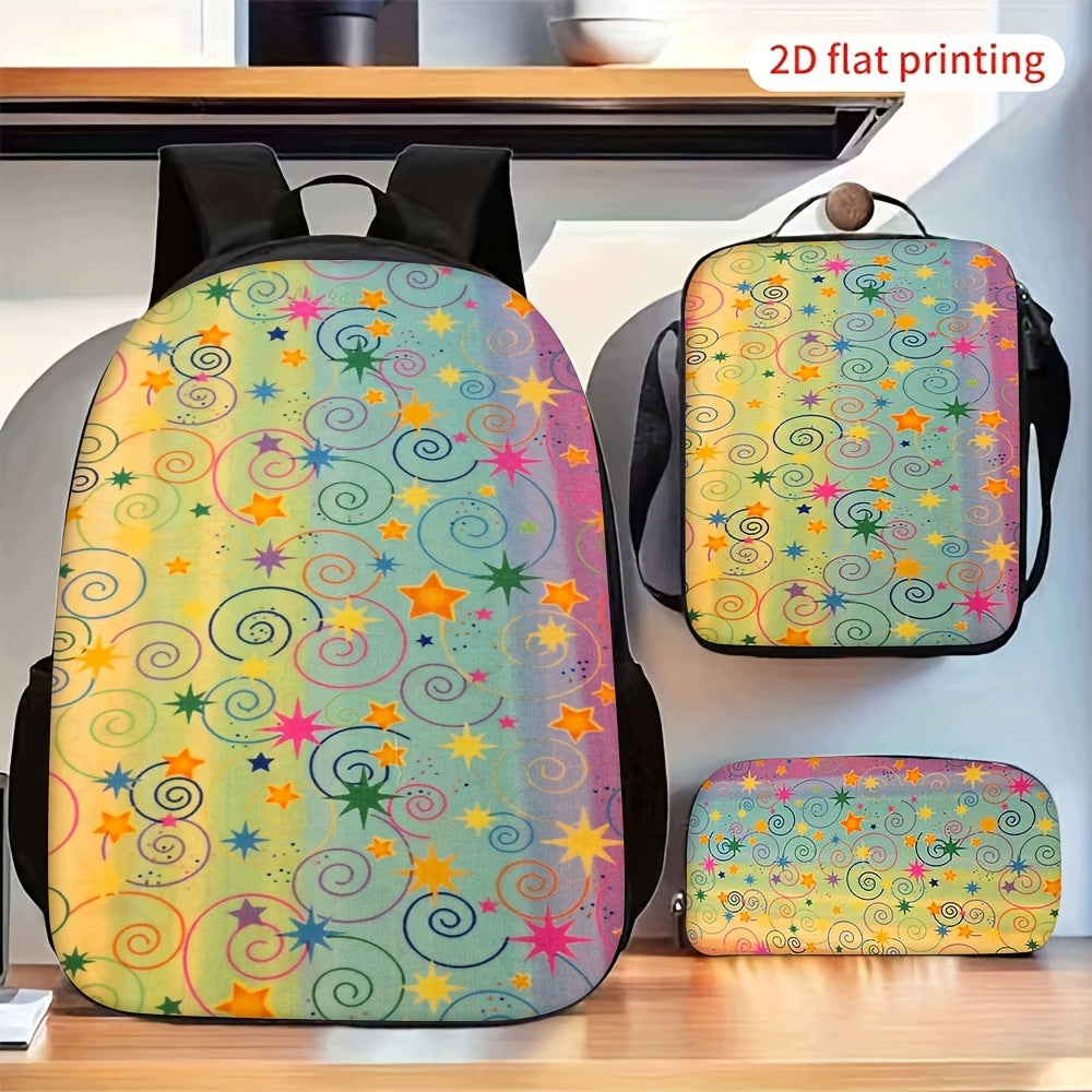Abstract Colorful Swirls Stars Print Backpack Set Trendy Travel